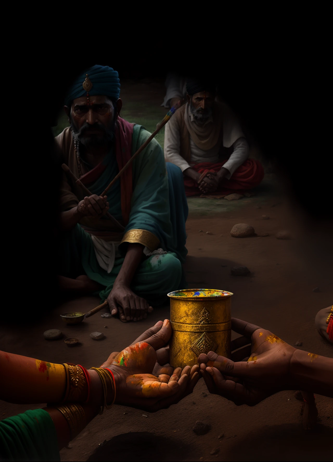 Hindus with their hands together begging for help from a warlord. painting.