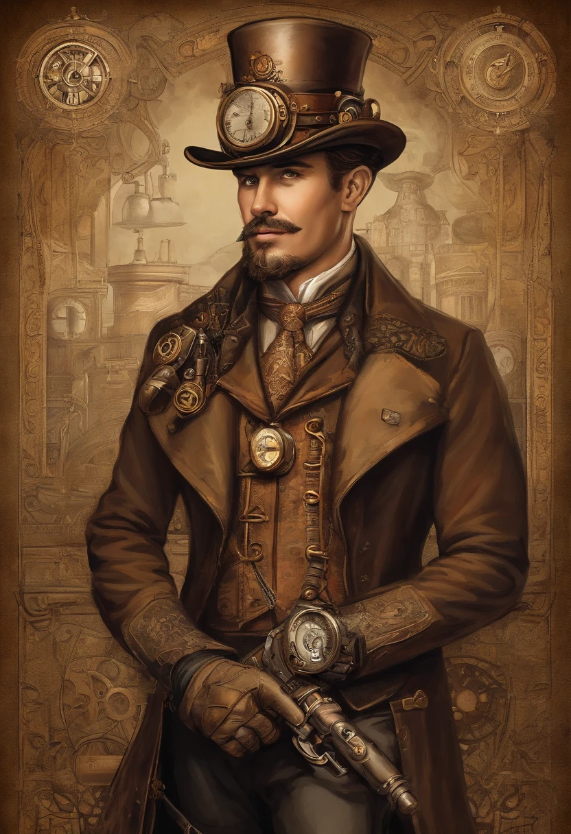 There's a man wearing a Steam Punk hat and holding a gun.., menino Steampunk, usando trajes Steampunk, menino inventor steampunk, (Steampunk), ( Steampunk ), estilo steampunk, Steam-punk, Steampunk Fiction, steampunk aesthetic, um deus Steampunk bonito, steampunk homem anime bonito, Steampunk, fantasia Steampunk, estilo de fantasia steampunk, arte steampunk, arte digital steampunk, roupas Steampunk