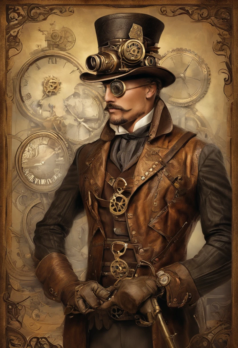 There's a man wearing a Steam Punk hat and holding a gun.., menino Steampunk, usando trajes Steampunk, menino inventor steampunk, (Steampunk), ( Steampunk ), estilo steampunk, Steam-punk, Steampunk Fiction, steampunk aesthetic, um deus Steampunk bonito, steampunk homem anime bonito, Steampunk, fantasia Steampunk, estilo de fantasia steampunk, arte steampunk, arte digital steampunk, roupas Steampunk