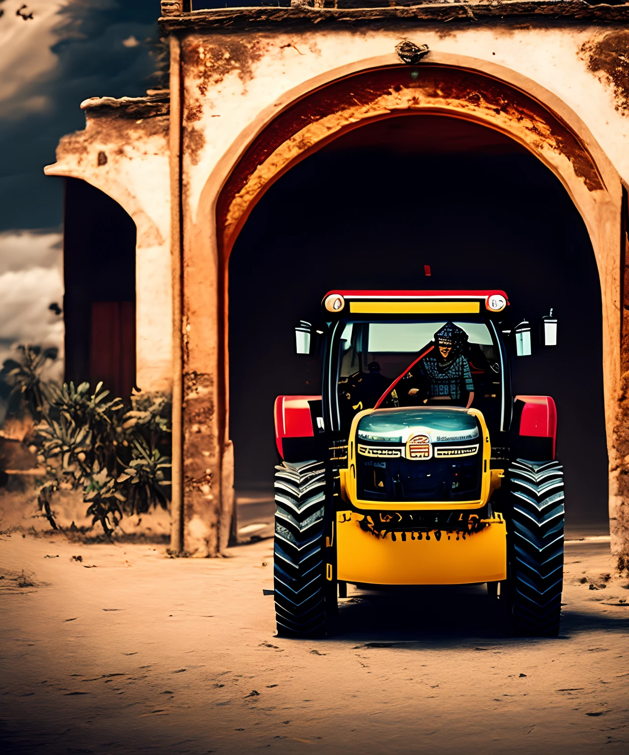 creates an image of an indigenous Lenca Batman from Honduras, on a tractor with a bat-mobile design, 8k, foto realista, en un pueblo colonial, de noche