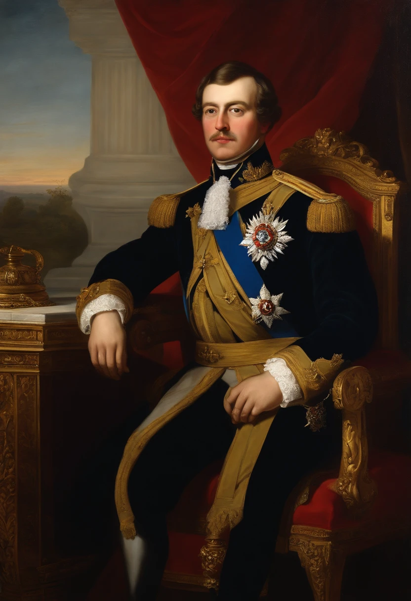 um close up de uma pintura de um homem com uniforme militar, Grand Emperor of the Russian Empire, Majestade em roupas nobres, imperial russia, french emperor, Biedermeier, Retrato de um duque da era vitoriana, 🌻🎹🎼, de Francisco de Holanda, Pedro , the Great of Russia, Pintura retrato real, Jovem czar, portrait of a mid 1 9 th century