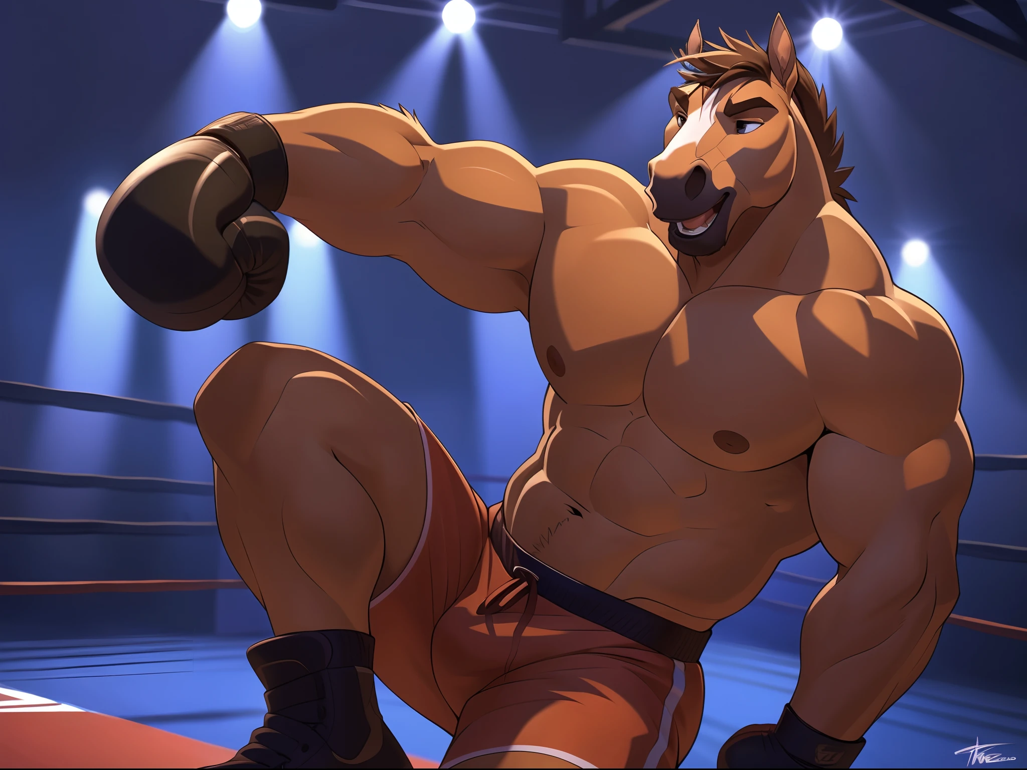 anthro horse:1, lora:spirit, (front view:1.2). 4k, high resolution, best quality, posted on e621, solo, anthro body, male, adult, masculine, (slim, strong pectorals, define muscles, muscular shoulders), correct anatomy, (boxing ring background, gym background), (blurry background, out-of-focus background:1.2), (by takemoto arashi:1.0), (by Taran Fiddler:0.5), sexy, (cel shaded, cartoony shading:1.2), black lineart, black outline, flat coloring, (strong shadows, dark shadows:1.2), (pink shorts, topless, boxing gloves), sexy shadows, horse tail, slim posture, grin, open mouth, sticking out tongue, cute eyes, detailed eyes, tilted head, exhausted, wet sweat:1.2, fallen:1, (lying on back):1.2, lying on ropes, spreaded legs, spreaded arms