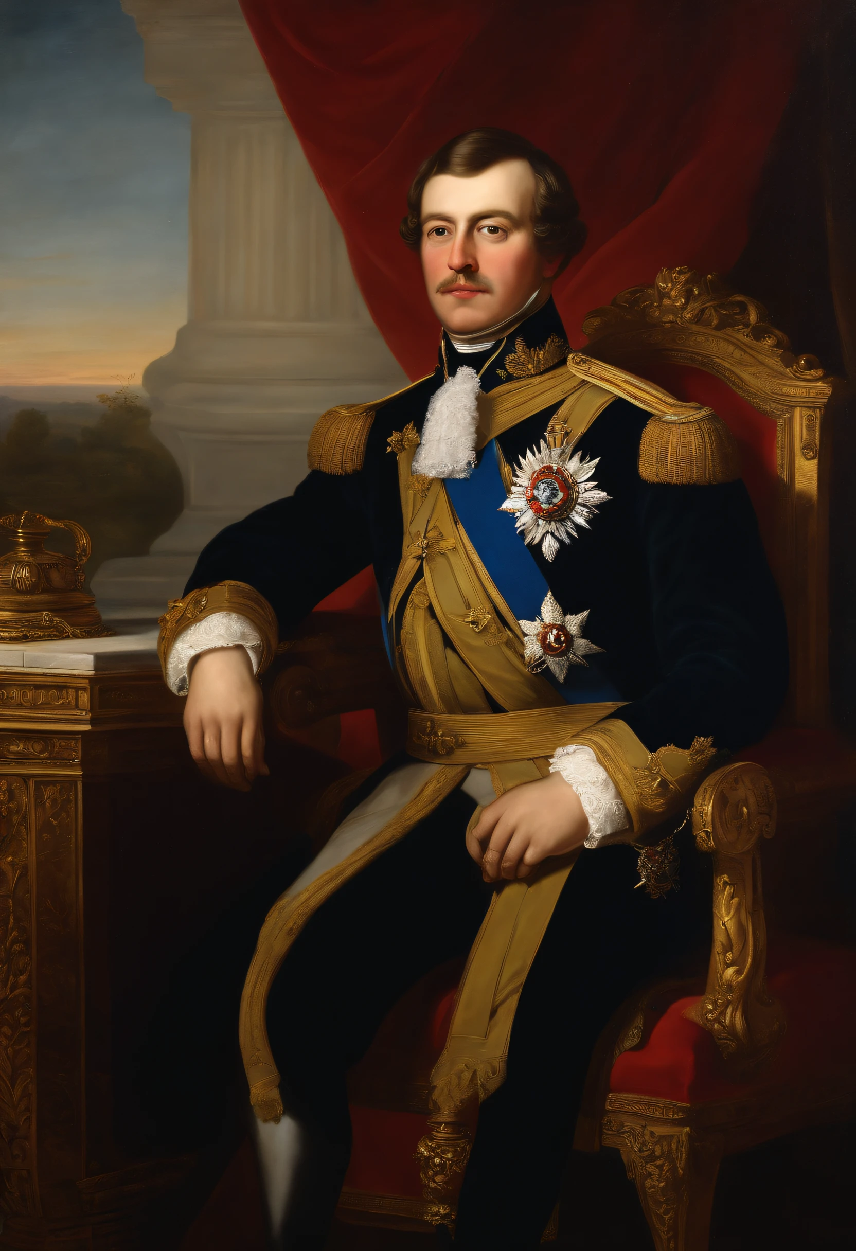 um close up de uma pintura de um homem com uniforme militar, Grand Emperor of the Russian Empire, Majestade em roupas nobres, imperial russia, french emperor, Biedermeier, Retrato de um duque da era vitoriana, 🌻🎹🎼, de Francisco de Holanda, Pedro , the Great of Russia, Pintura retrato real, Jovem czar, portrait of a mid 1 9 th century