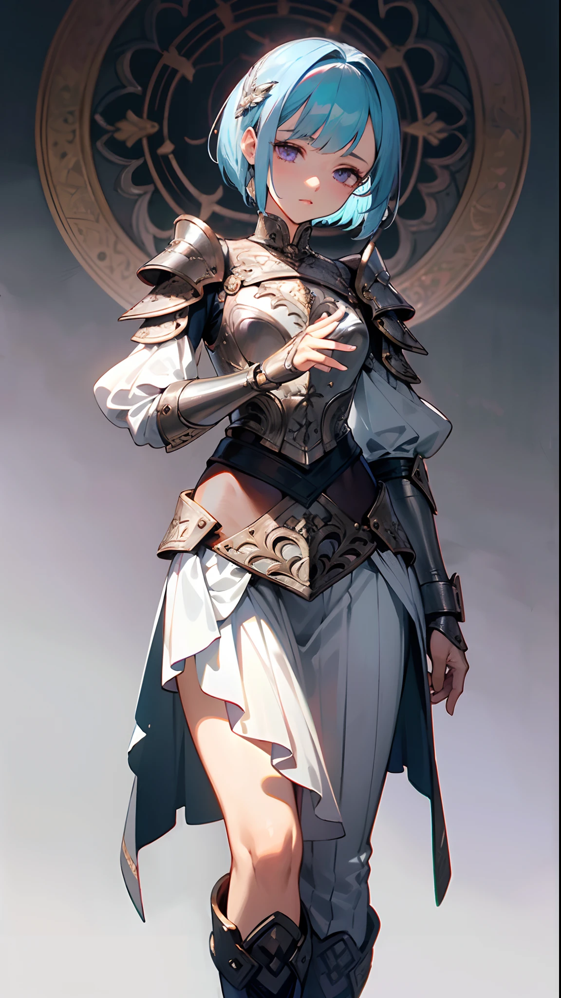 (masterpiece, best quality:1.3),beautiful detailed glow,best illuminate,(((best quality,textile shading,ultra detailed))),extremely detailed CG unity 8k wallpaper,Highly Detailed beautiful and aesthetic,best light,high resolution,detailed,dynamic lighting , 1Character , pastel washed out colors , cell shade , soft, muted shades ,gentle colors,
She wears a beautifully crafted breastplate made of polished steel, intricately engraved with delicate, ornate patterns and silver filigree, The chestplate is designed to enhance her feminine silhouette, shoulder guards, intricate engravings and elegant, feathery motifs, gauntlets are sturdy and adorned with the same intricate engravings, They extend to her elbows and have articulated fingers, steel greaves, meticulously detailed with similar ornate patterns, They extend to her knees, flowing, layered skirt made of chainmail, knee-high leather boots ,
Beautiful woman , skinny build , short bob hair style , light blue hair , purple eyes , light skin,small chest , short , age 30