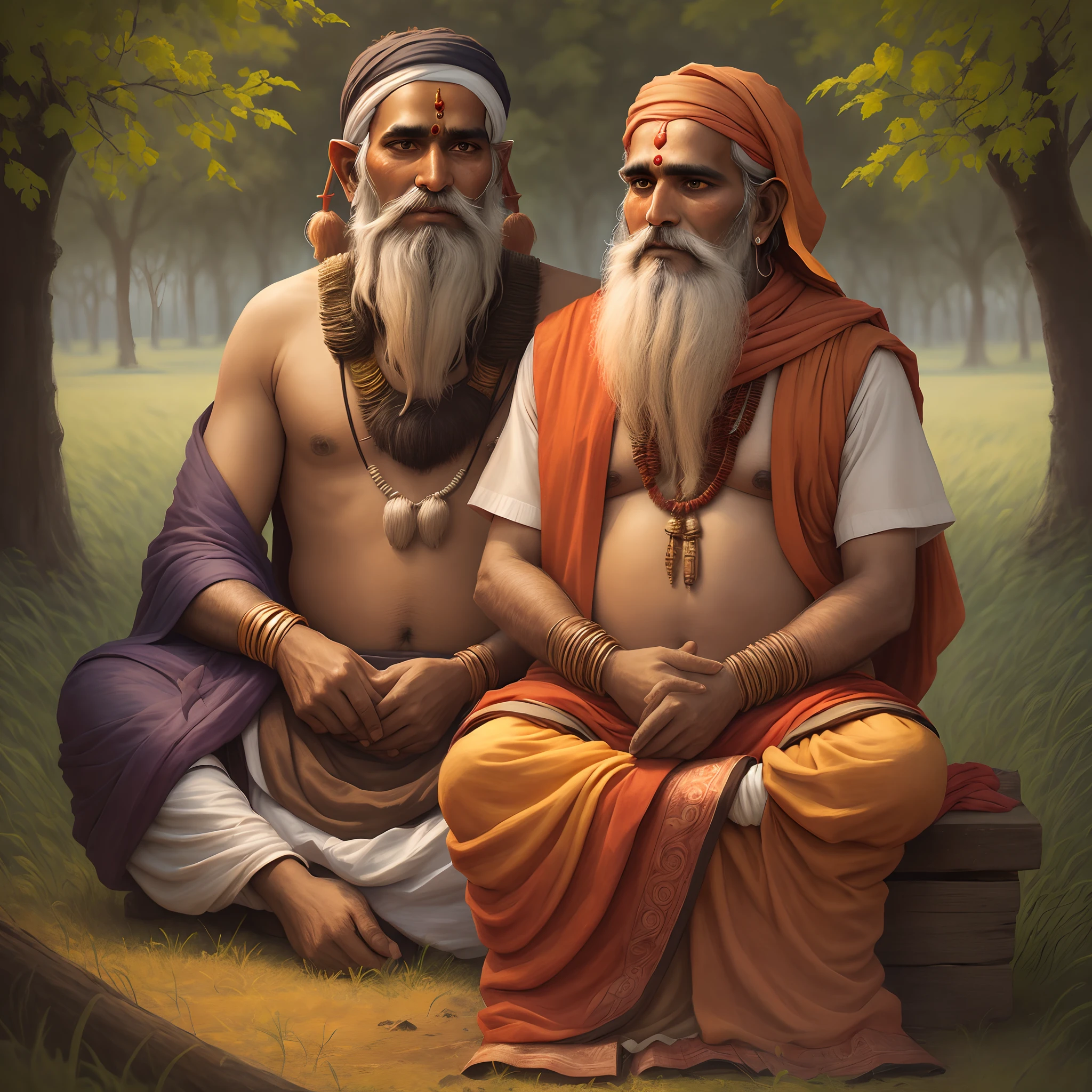 Hindu Sadhus sitting in a field looking straight into the camera. Magical Realism Painting