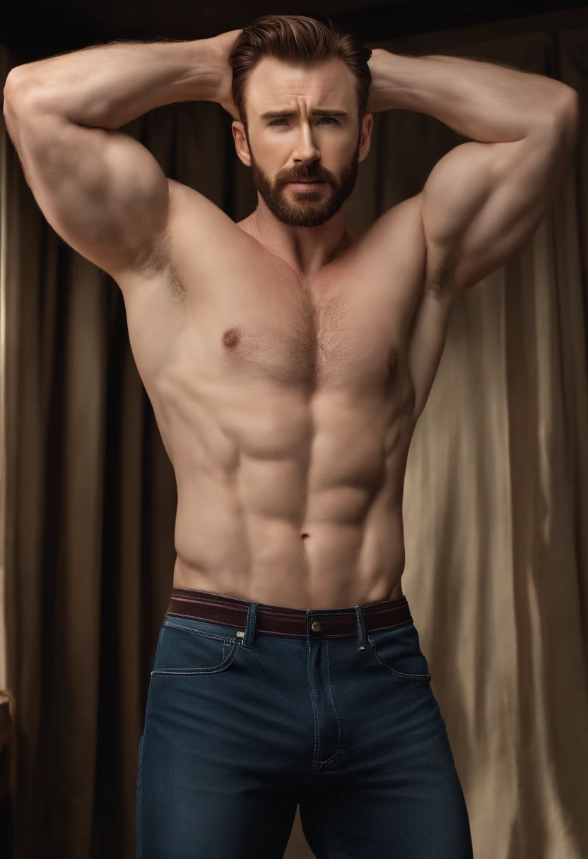 Chris Evans undressing himself only in underwear. There is a bulge in his tight underwear and he is showing his armpit hair and is sweaty and oily. Realistic 4k Realism