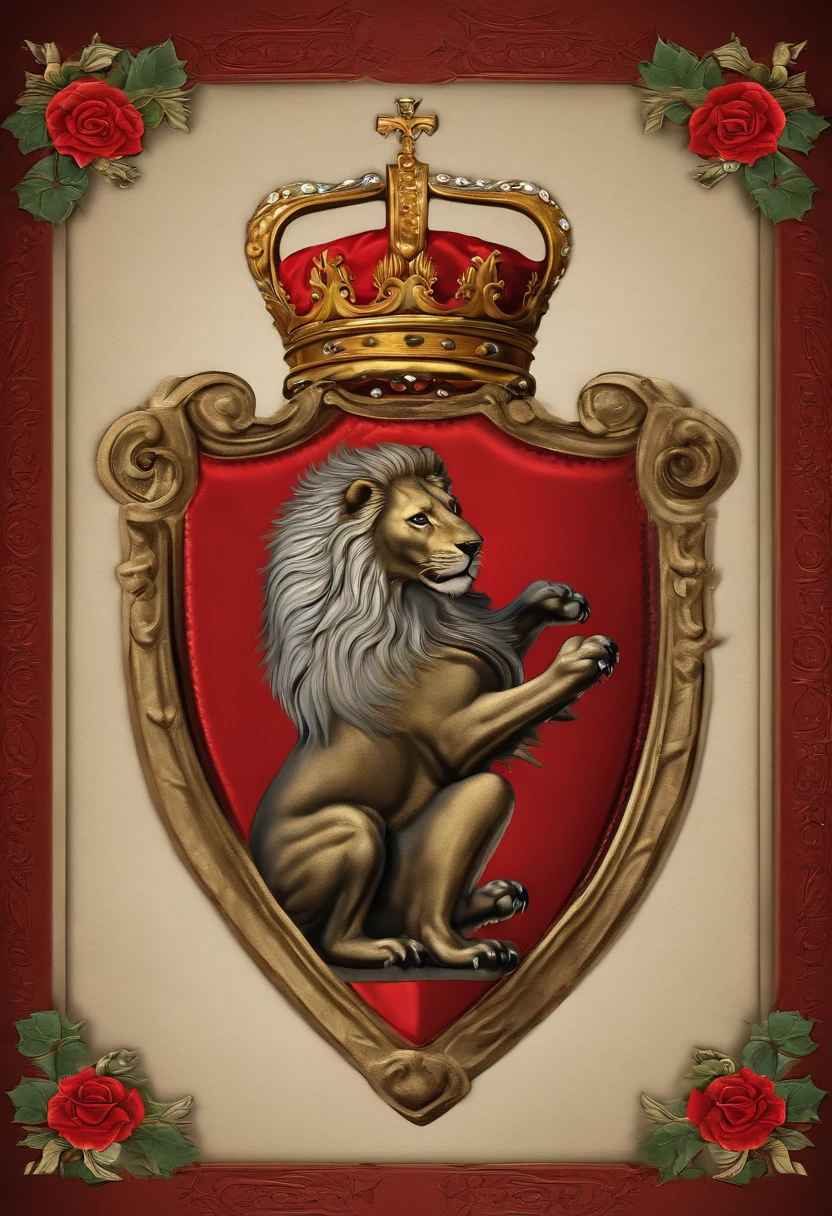 A closeup of a crest with a lion and a rose, a digital rendering inspired by Master of Affligem, Flickr, Renascimento, Belgium, coat of arms, from the duchy of lituania, heraldry, family crest, Flandres, xerez, Espanha, erva, Nova Iorque, Razaras, Marbelha, Norrlandsskog