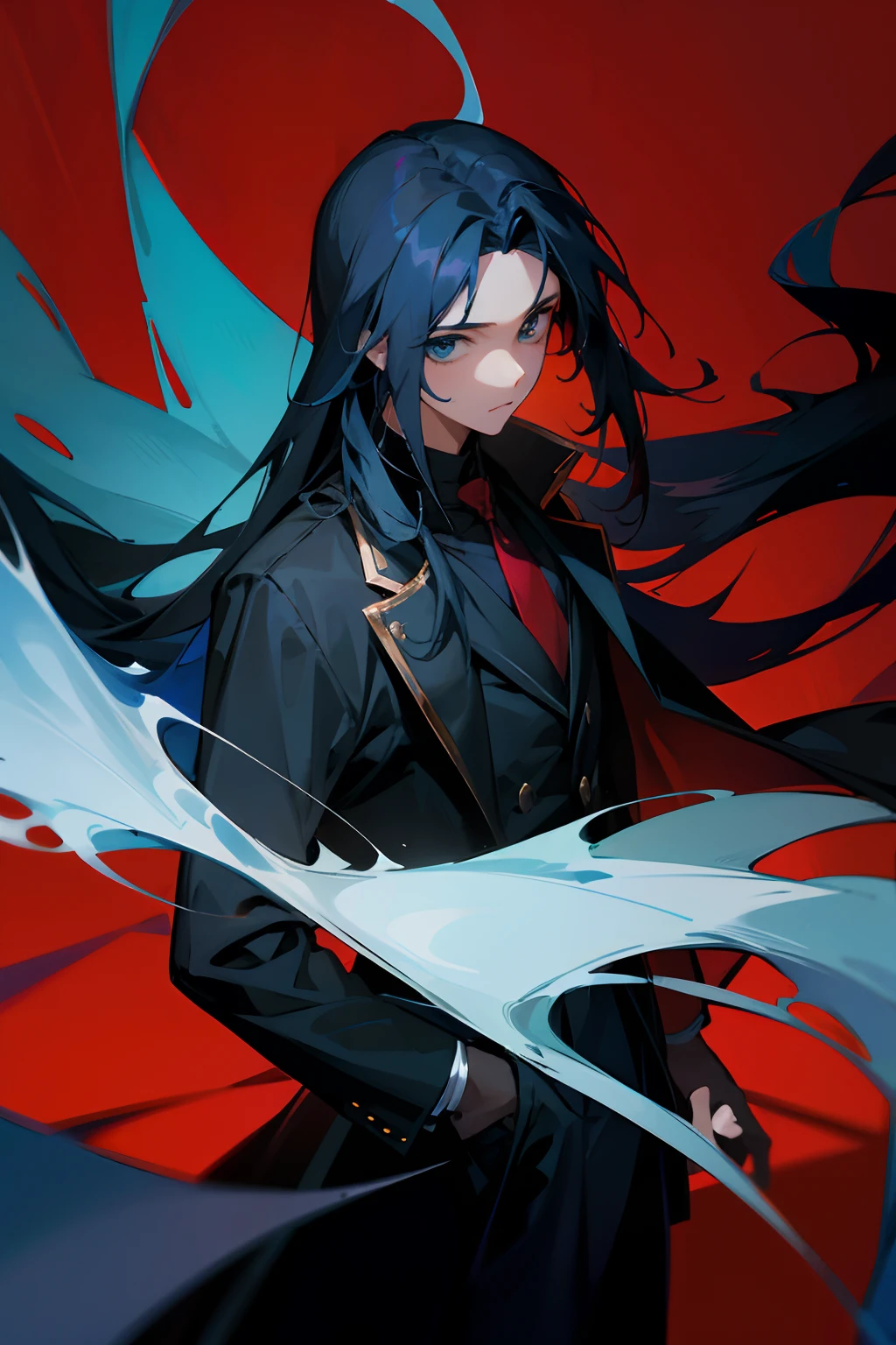 olhos de anime, A young man, cabelo longo azul, sobretudo preto, fundo vermelho