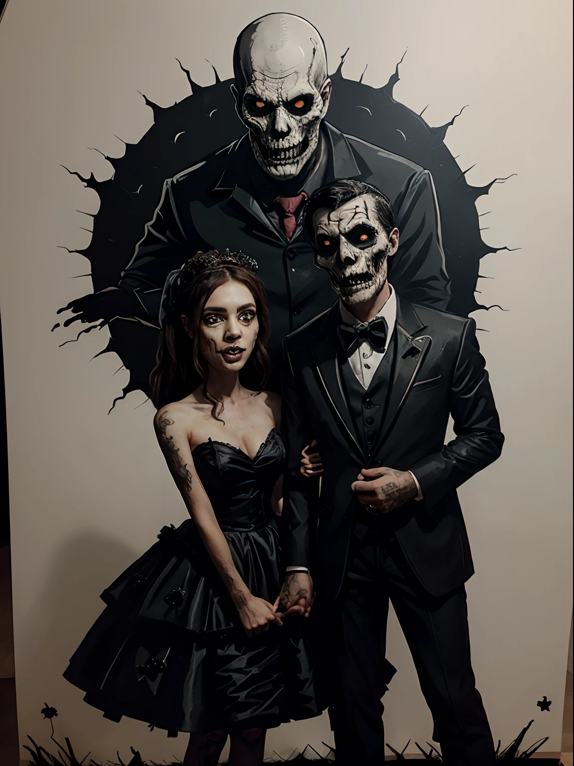 Halloween version of a wedding couple, in the style of nightmarish illustrations, speedpainting, zombiecore, heavy inking, nightmarish creatures, bold shadows.