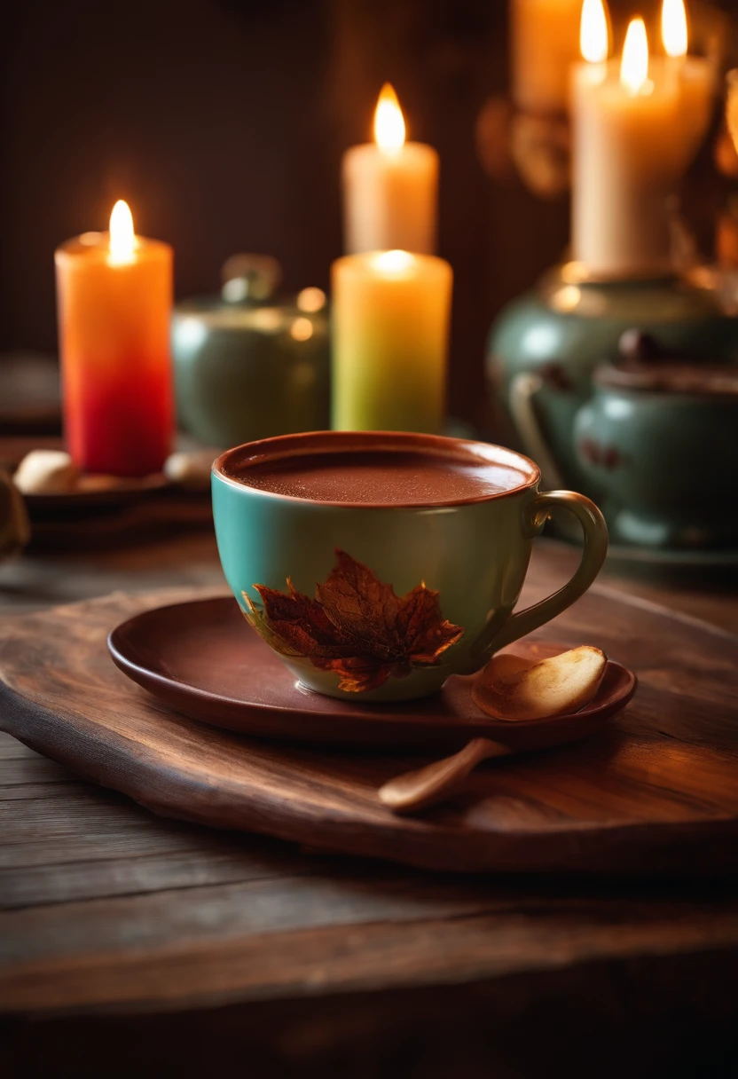 wooden table with hot chocolate on top