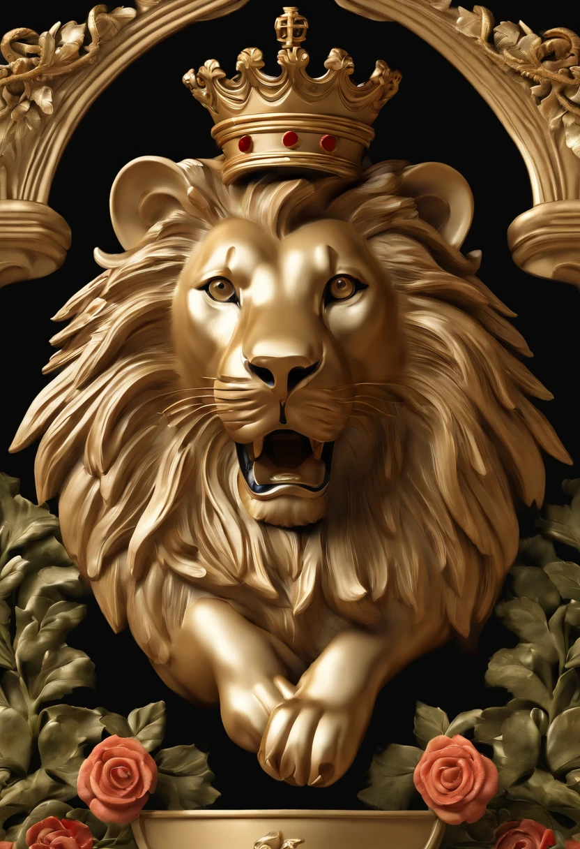 A closeup of a crest with a lion and a rose, a digital rendering inspired by Master of Affligem, Flickr, Renascimento, Belgium, coat of arms, from the duchy of lituania, heraldry, family crest, Flandres, Xerez, Espanha, erva, Nova Iorque, Razaras, Marbelha, Norrlandsskog