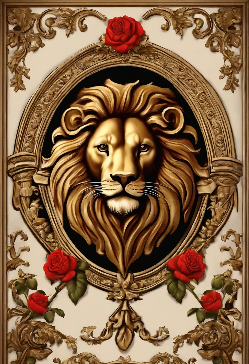 A closeup of a crest with a lion and a rose, a digital rendering inspired by Master of Affligem, Flickr, Renascimento, Belgium, coat of arms, from the duchy of lituania, heraldry, family crest, Flandres, Xerez, Espanha, erva, Nova Iorque, Razaras, Marbelha, Norrlandsskog