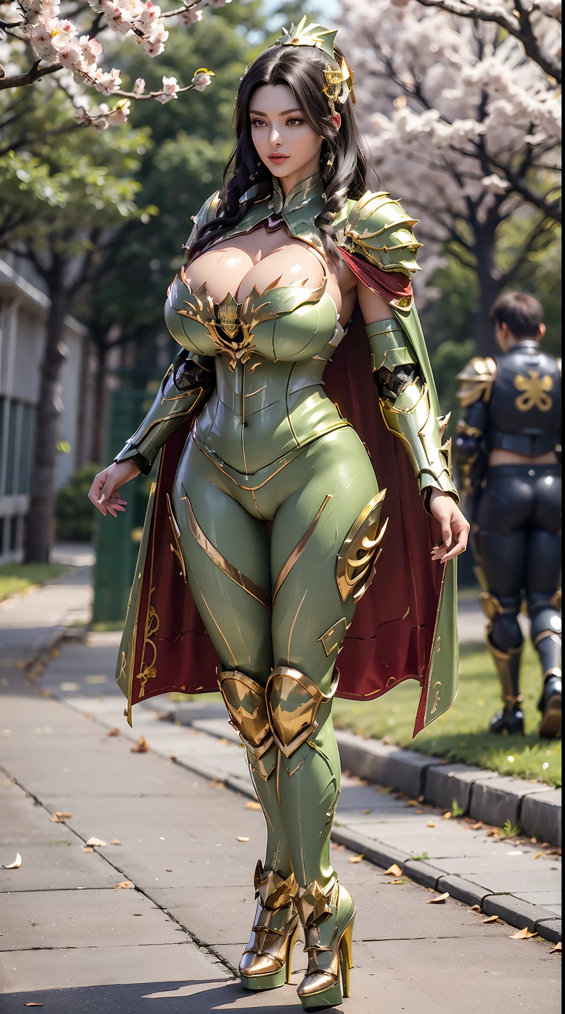 1GIRL, SOLO, (dark hair, hair gold ornament), (HUGE FAKE BOOBS:1.3), (light green), (DRAGON MECHA BATTLE ARMOR SUIT, ROYAL CAPE, CLEAVAGE, SKINTIGHT YOGA PANTS, HIGH HEELS:1.5), (GLAMOROUS BODY, SEXY LONG LEGS, FULL BODY:1.5), (FROM FRONT, LOOKING AT VIEWER:1), (WALKING DOWN ON STREET CHERRY TREES:1.3), PHYSICALLY-BASED RENDERING, ULTRA HIGHT DEFINITION, 8K, 1080P.