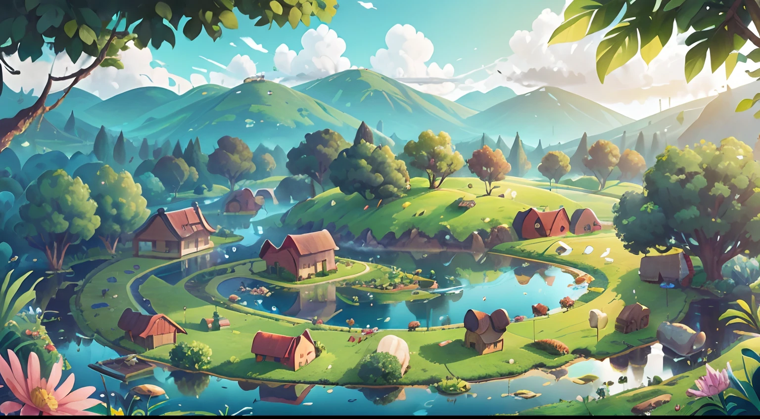 A panoramic view of the farm, highlighting its diversity and beauty, a lagoon.