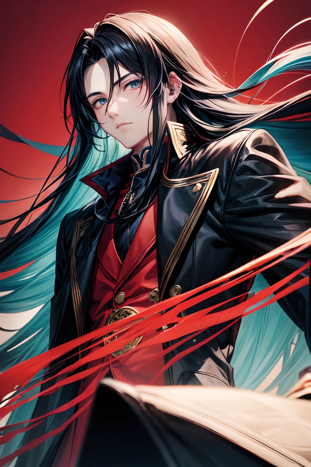 anime eyes, a young man, blue long hair, black overcoat, red background