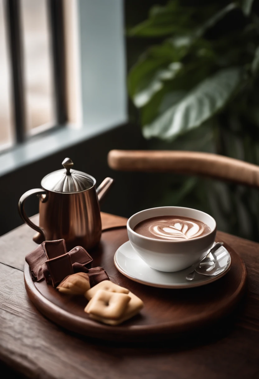 wooden table with hot chocolate on top in a modern setting