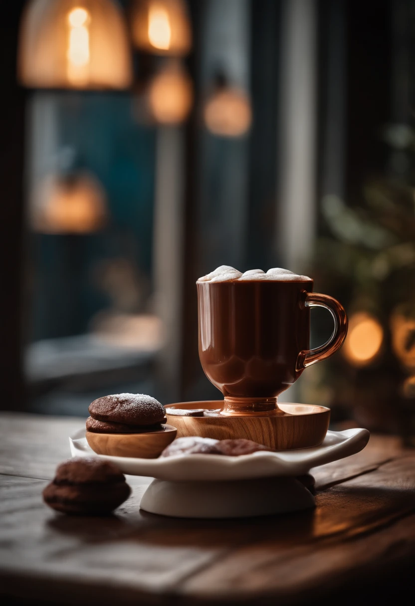 wooden table with hot chocolate on top in a modern setting