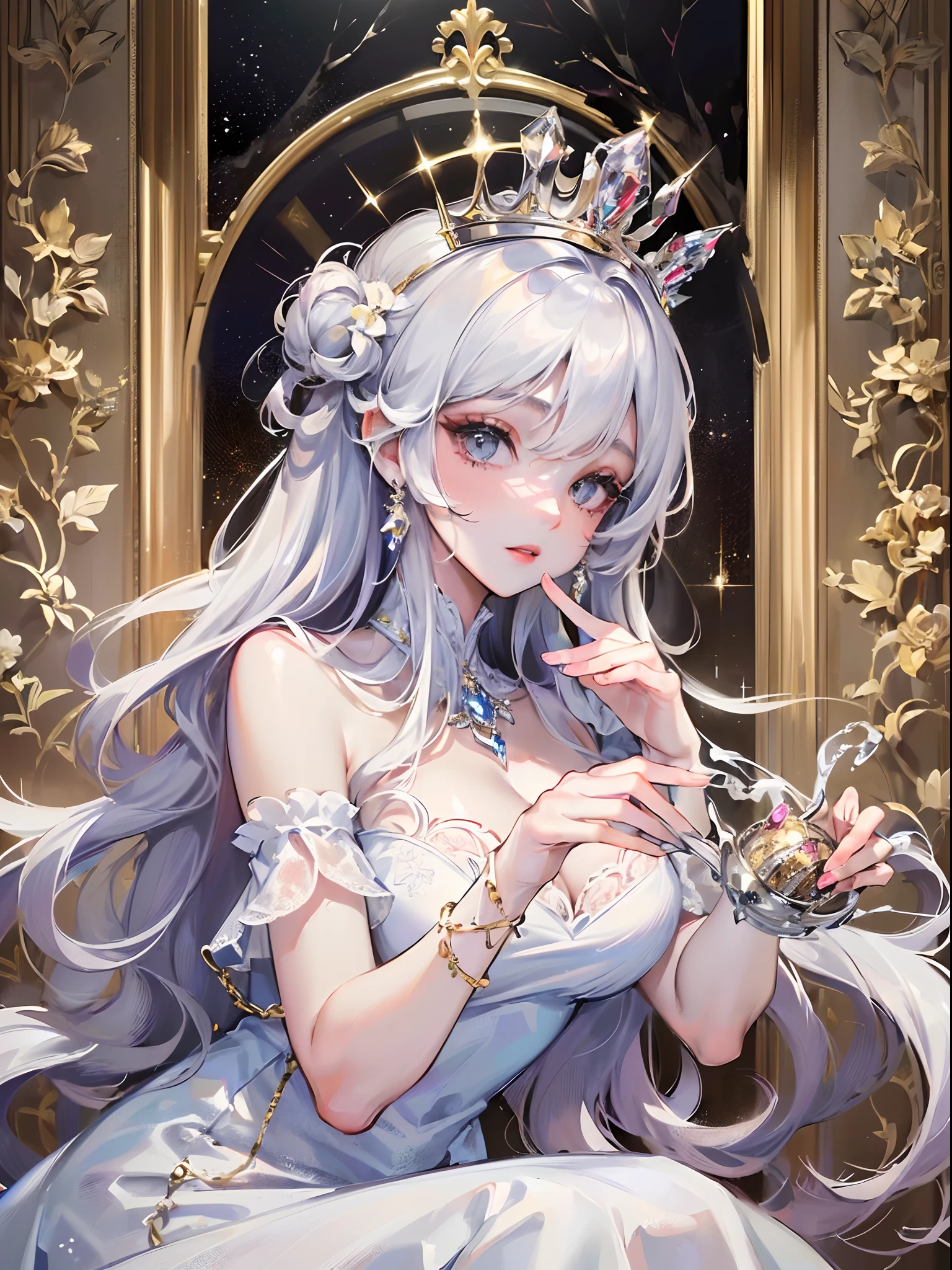 ((Finest quality)),(超A high resolution),(ultra-detailliert),(Meticulous portrayal),((Best CG)),(Finest works of art),Ultra-Precision Art,The art of astounding depiction, ((gorgeous:1.5)),(A queen:1.5),(Beautiful pure white dress with detailed and detailed:1.5),(Sparkling crown:1.4),Wang Wat,a throne, Sparkle like crystal