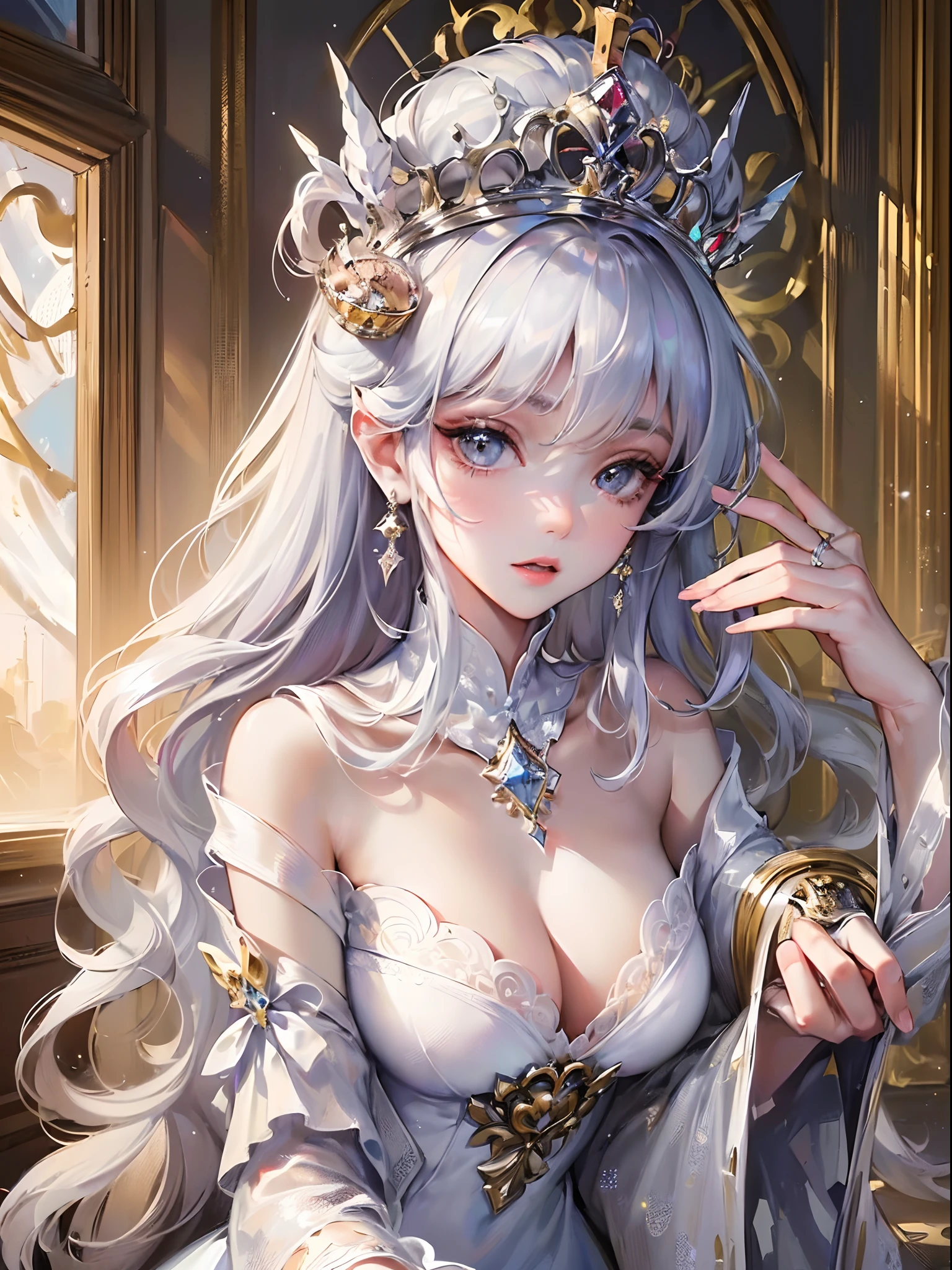 ((Finest quality)),(超A high resolution),(ultra-detailliert),(Meticulous portrayal),((Best CG)),(Finest works of art),Ultra-Precision Art,The art of astounding depiction, ((gorgeous:1.5)),(A queen:1.5),(Beautiful pure white dress with detailed and detailed:1.5),(Sparkling crown:1.4),Wang Wat,a throne, Sparkle like crystal