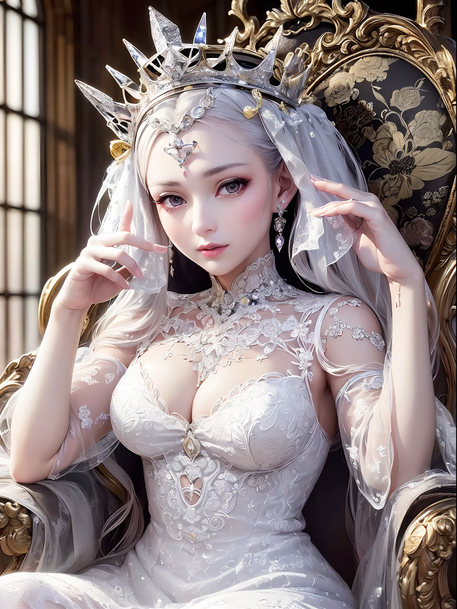 ((Finest quality)),(超A high resolution),(ultra-detailliert),(Meticulous portrayal),((Best CG)),(Finest works of art),Ultra-Precision Art,The art of astounding depiction, ((gorgeous:1.5)),(A queen:1.5),(Beautiful pure white dress with detailed and detailed:1.5),(Sparkling crown:1.4),Wang Wat,a throne, Sparkle like crystal