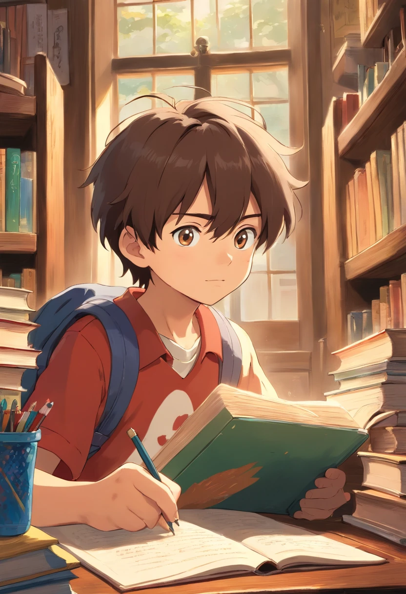 Generate ultra-high-definition images of a young boy studying and achieving top grades in school; Highlight the intricate details of his posture, and expressive eyes.