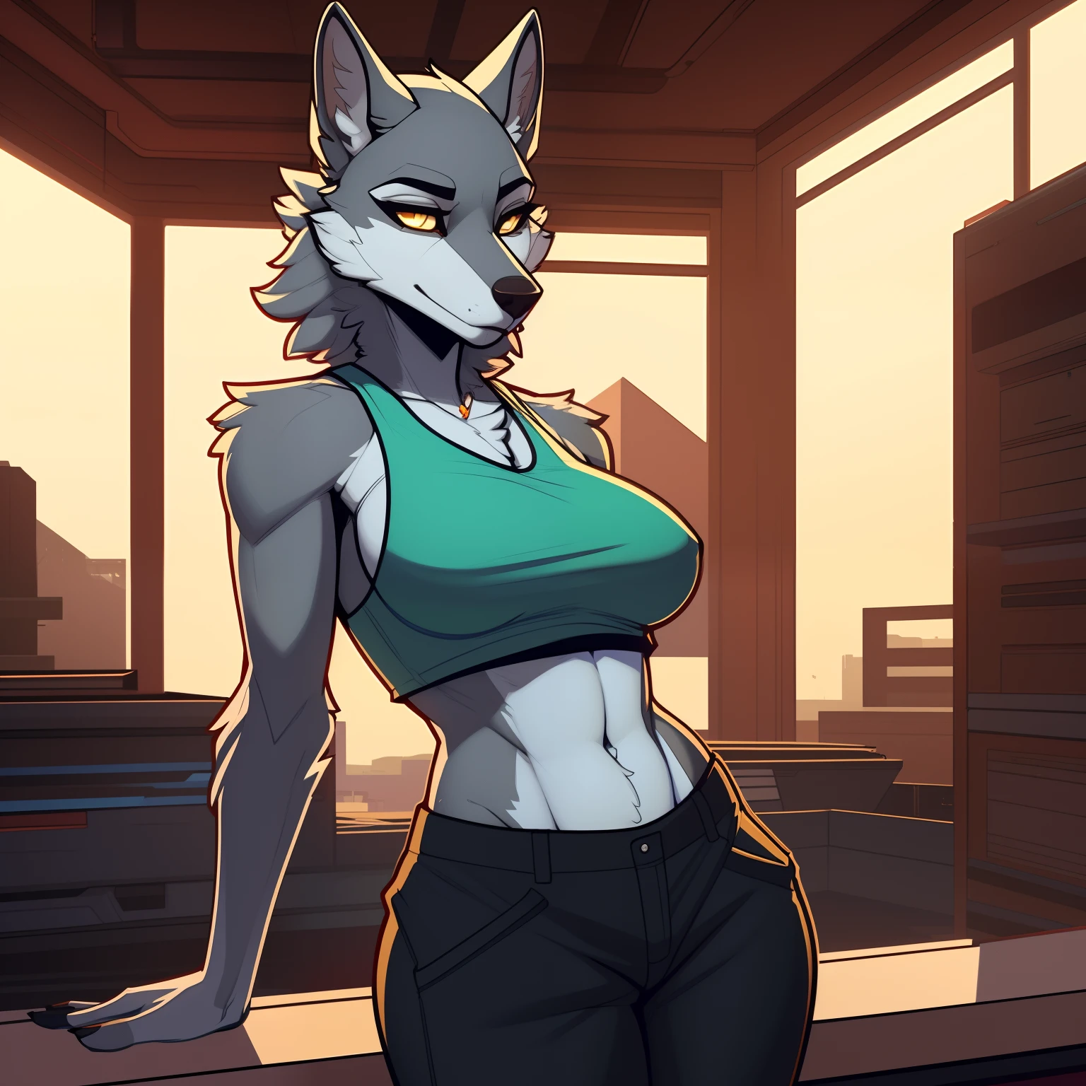 Athletic_Mature_timberwolf female blue_gray_furry_body yellow_eyes fluffy sports_bra solo Masterpiece best_quality absurdres highly_detailed cleanly_drawn_eyes anthro_only by_claweddrip, by_greasymojo, by_underscore-b, by_runawaystride