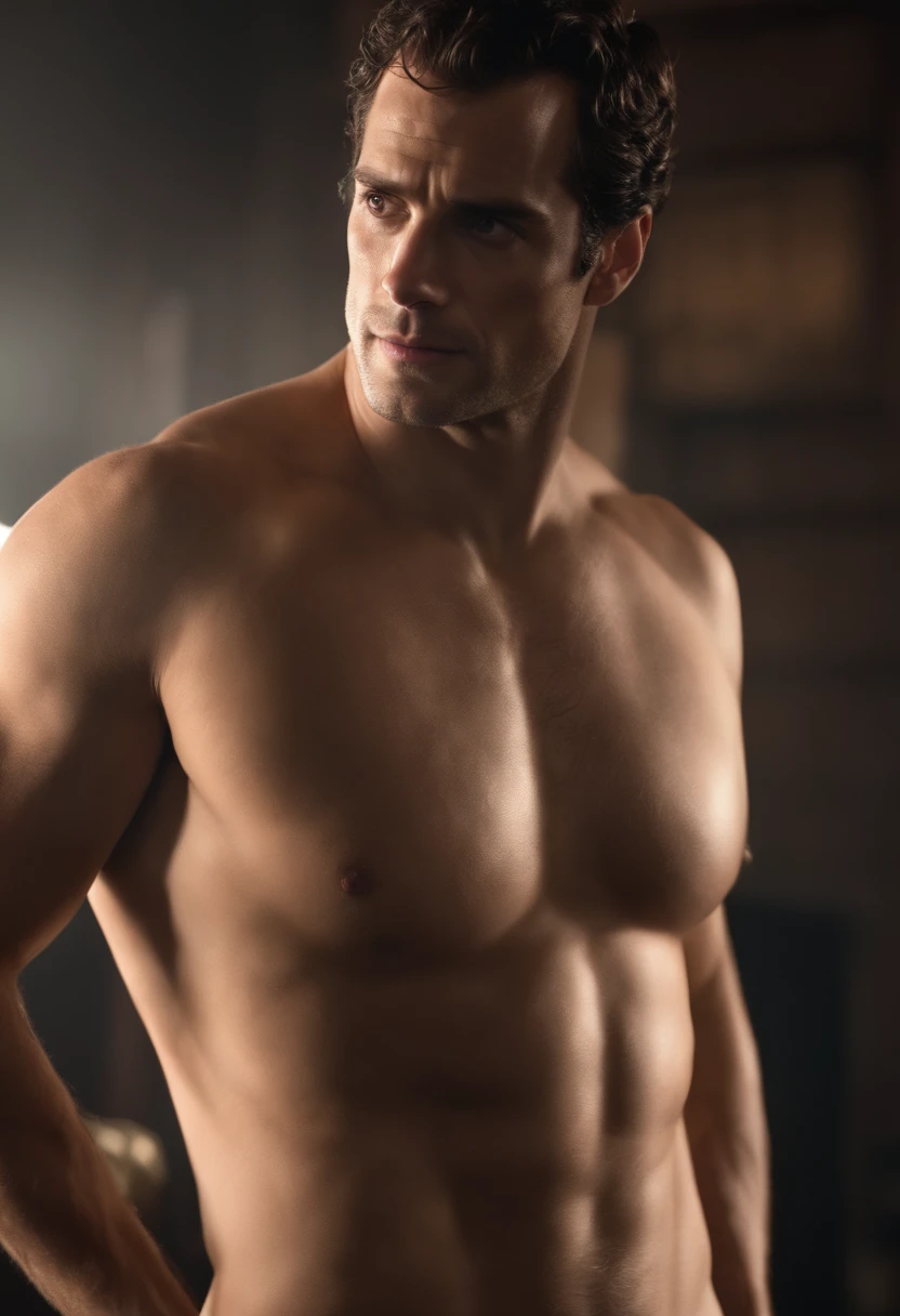 Henry Cavill undressing himself only in underwear. There is a bulge in his tight underwear and he is showing his armpit hair and is sweaty and oily. Realistic 4k Realism