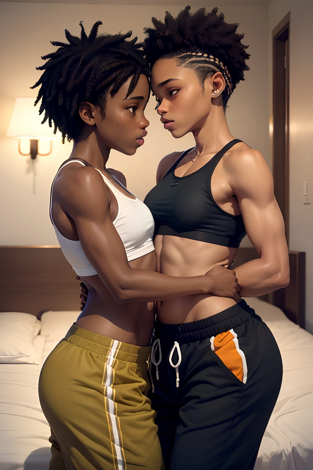 two 20-year-old brown skin adult boyish tomboy lesbians with braids wearing sports bra and baggy pants kissing each others bodies on a bed