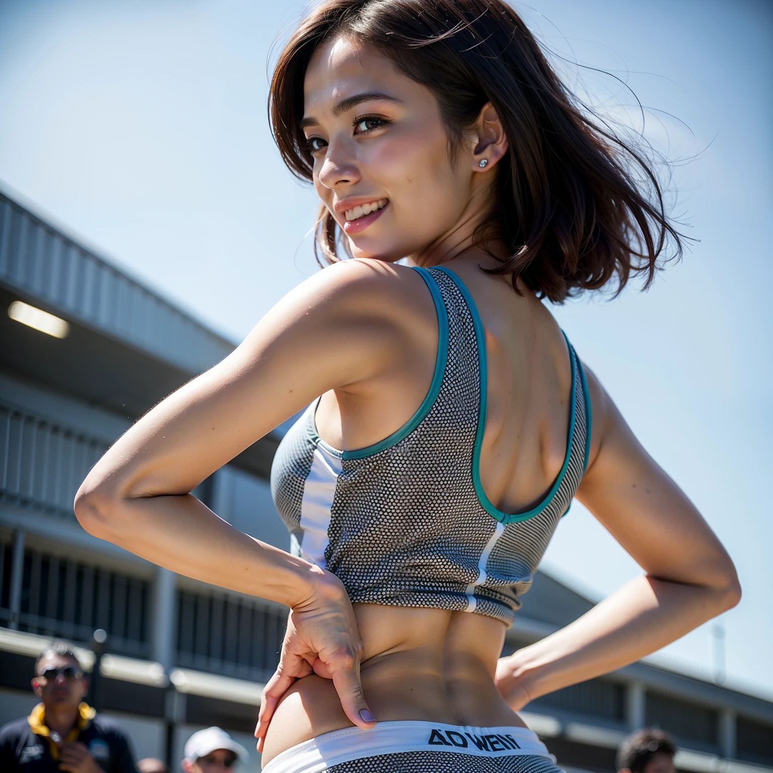 zydG,((from below)), 1girls, back view, look back, show hip, stand, looking the viewer, exposed skin, (from below),brown-eyed, (brown very short hair:1.2), (light hair), (small breasts:1.4), smile with white teeth, (photorealestic:1.4), (Top image quality:1.0), (UltraHighResolution:1.0), 8K, Raw photography, (A masterpice:0.2), adids gray and pale blue track and field uniforms, show abs, (sweat, wetty:1.1), portlate, back butt focus, ful body,(pureerosface_v1:0.5), outdoor, track and field,