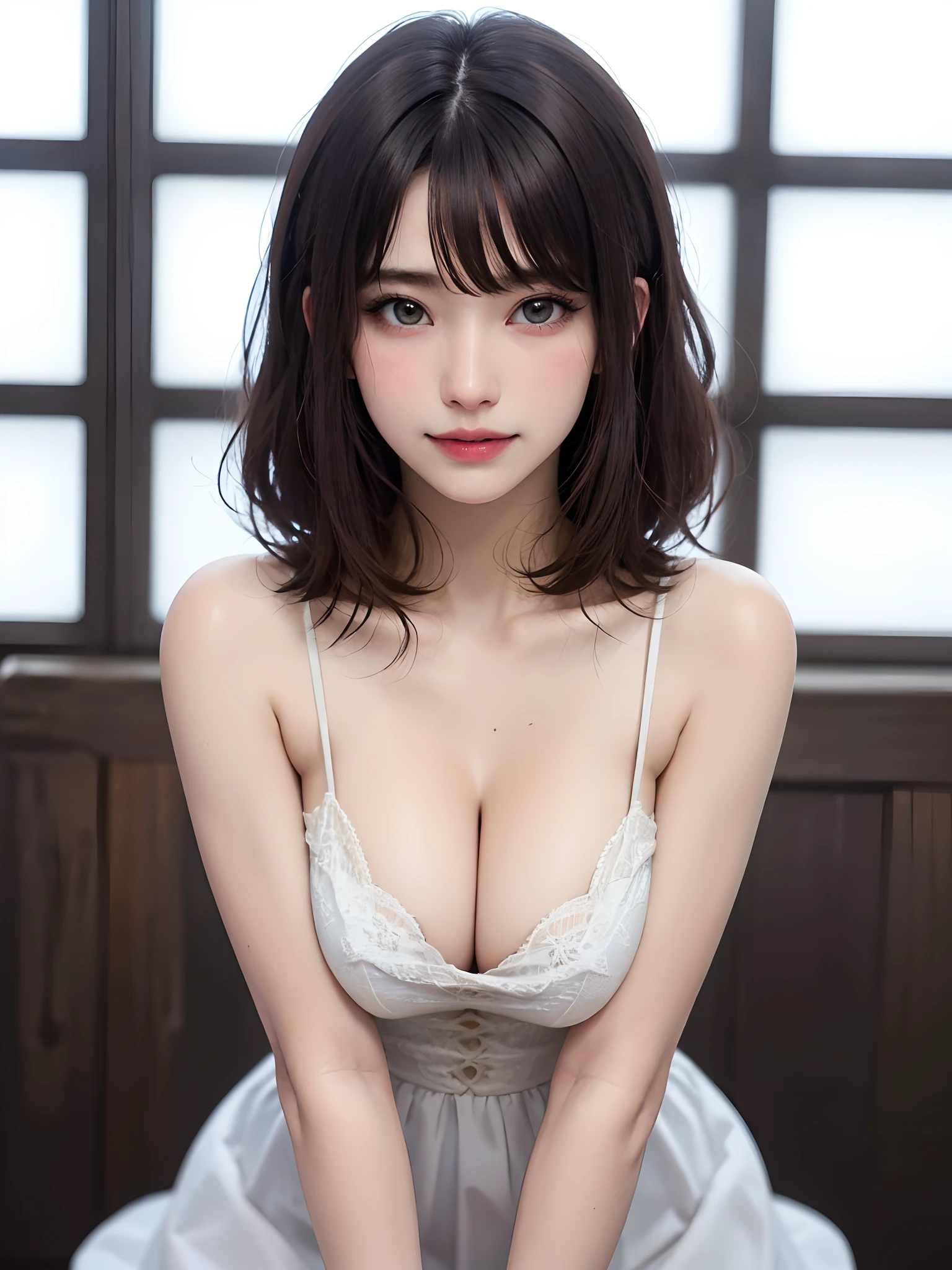 ((masutepiece)), (Best Quality), (Detailed), (1girl in), (Internal Data Stream) ,(A very beautiful woman with a very cute smile),(Very beautiful face symmetrical),(A woman full of adult charm who is too beautiful),(Add intense highlights to the eyes),Beautiful shiny gradient hair, Light blue eyes,very shiny beautiful hair with straight bangs,,,,Wearing a modern white shirt and black dress, Covered with data particles,Look firmly at the camera、{Gigantic|Big|Huge|Mega} breasts, cleavage