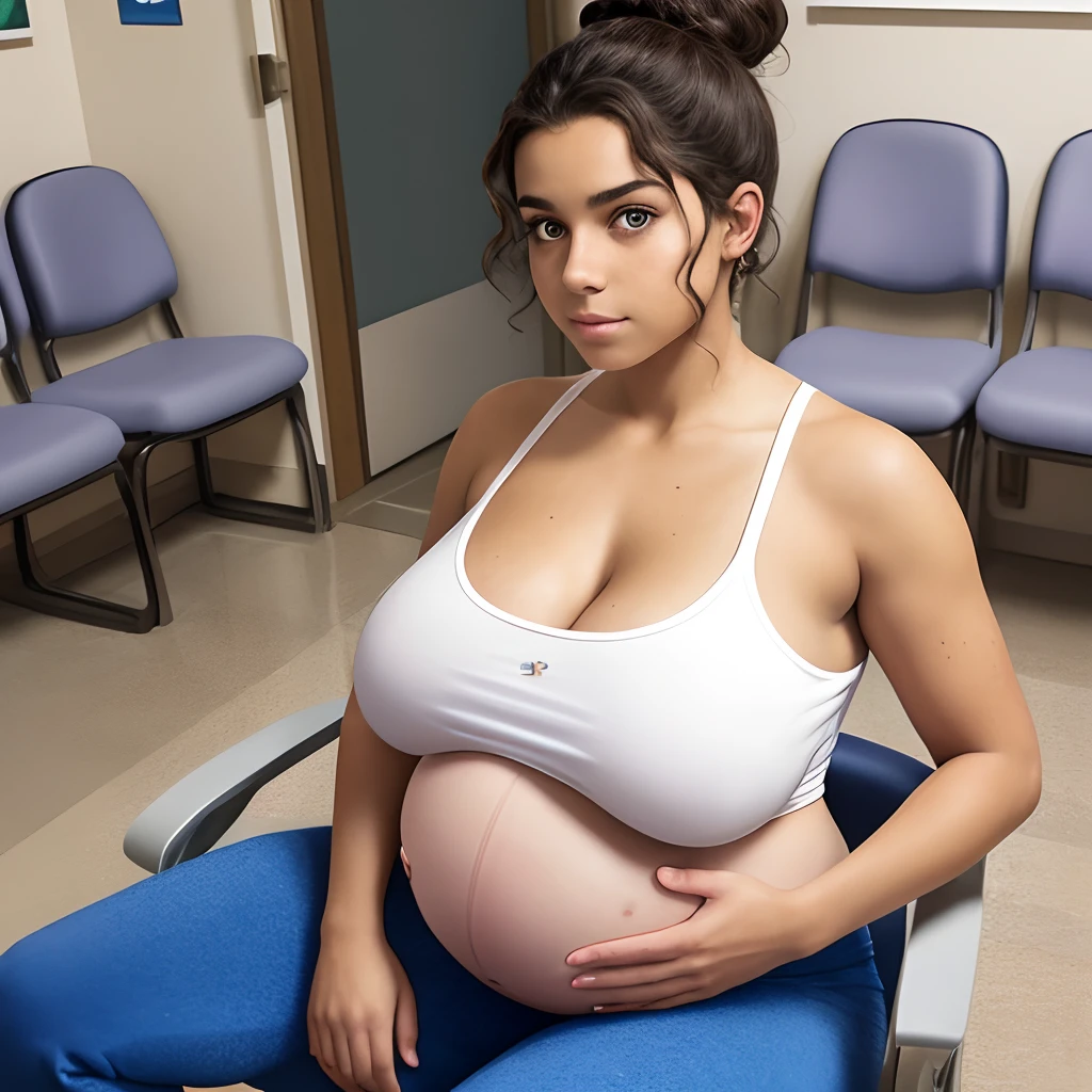 1girl, ager, short curly dark brown hair in a bun, tan skin, freckles, blue eyes, wearing a white T-shirt and gray sweatpants, full-body image, waiting room background, in pain, sitting in chair, (huge breasts), massive breasts, giant breasts, hanging breasts, massively pregnant, huge belly, overdue pregnant belly, sweating, full-body shot, wide angle, ((looking down)),
