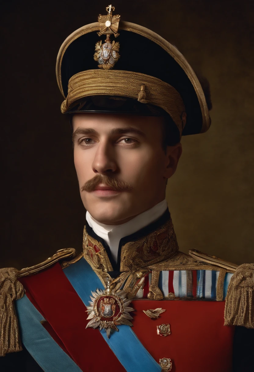 um close up de uma pintura de um homem com uniforme militar, Grand Emperor of the Russian Empire, Majestade em roupas nobres, imperial russia, french emperor, Biedermeier, Retrato de um duque da era vitoriana, 🌻🎹🎼, de Francisco de Holanda, Pedro , the Great of Russia, Pintura retrato real, Jovem czar, portrait of a mid 1 9 th century