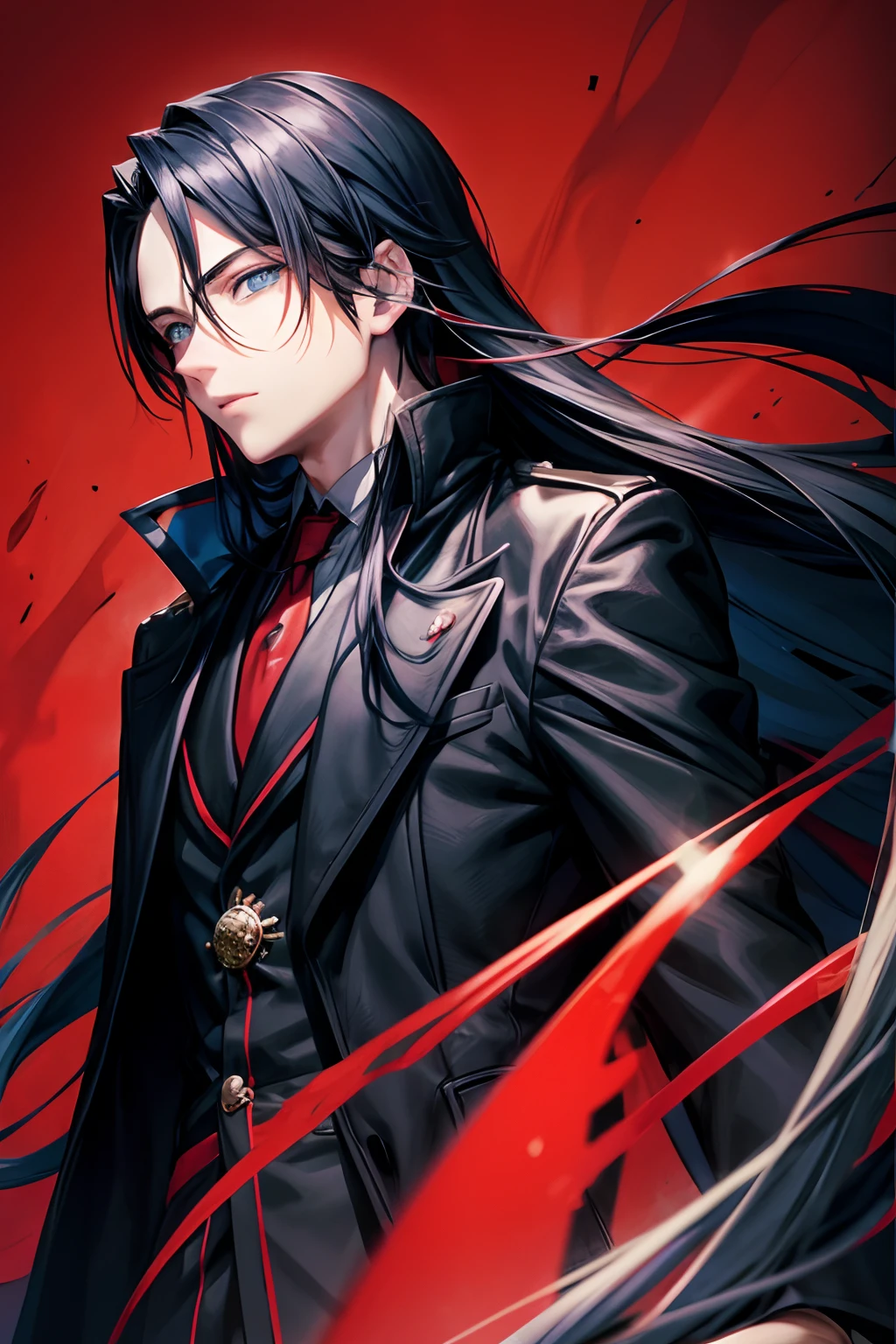 anime eyes, a young man, blue long hair, black overcoat, red background