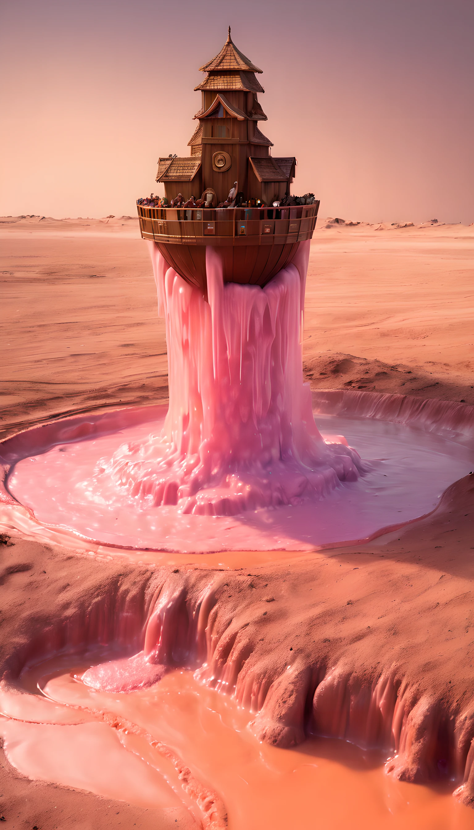 (8k masterpiece, RAW photo, best quality:1.2), ((noah's ark:1.5)) constructed of chocolate, sitting on top of huge (liquid sherbert geyser:1.5), in the middle of the sahara desert, arid barren desert, (melting animals) dripping down, absurdres, greg rutkowski style, chocolate ark,