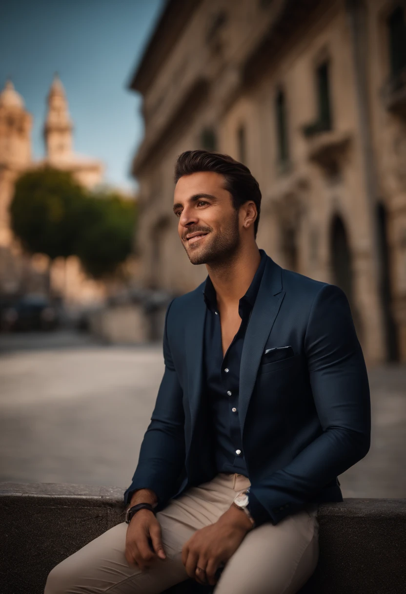 Italiano 30yo homem , cabelo curto escuro com desbotamento, terno escuro,confident expression,maxilar afiado,pele vibrante,sorridente,cara bonita,standing pose,city backdrop,Professional studio lighting,Realistic,UMA FERRARI, fotorrealista:1.37,Retratos,vivid colors,tom fresco,soft lighting