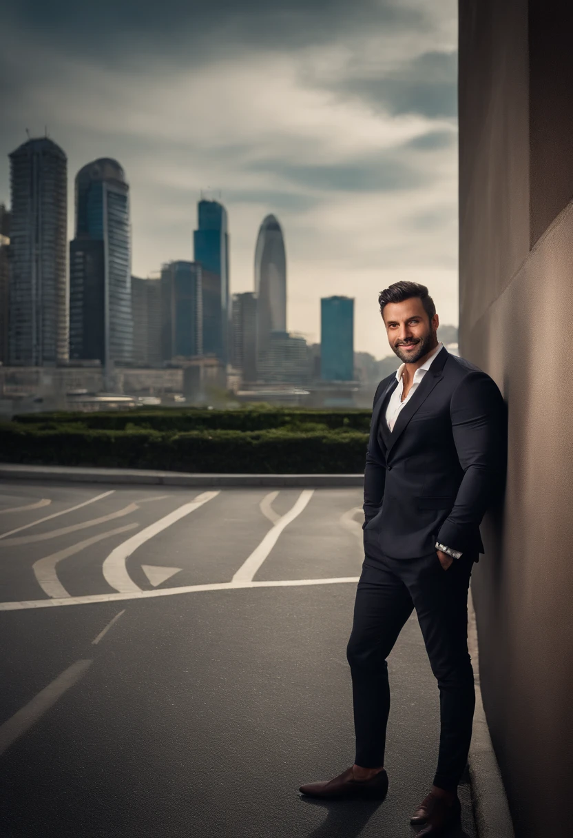 Italiano 30yo homem , cabelo curto escuro com desbotamento, terno escuro,confident expression,maxilar afiado,pele vibrante,sorridente,cara bonita,standing pose,city backdrop,Professional studio lighting,Realistic,UMA FERRARI, fotorrealista:1.37,Retratos,vivid colors,tom fresco,soft lighting