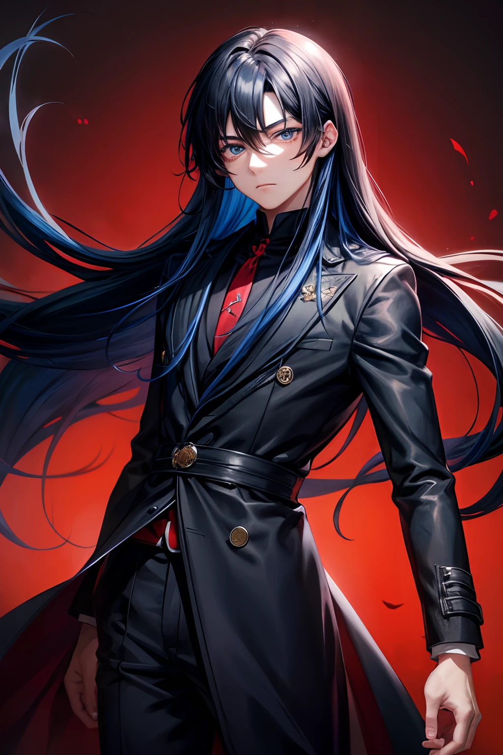 anime eyes, a young man, blue long hair, black overcoat, red background