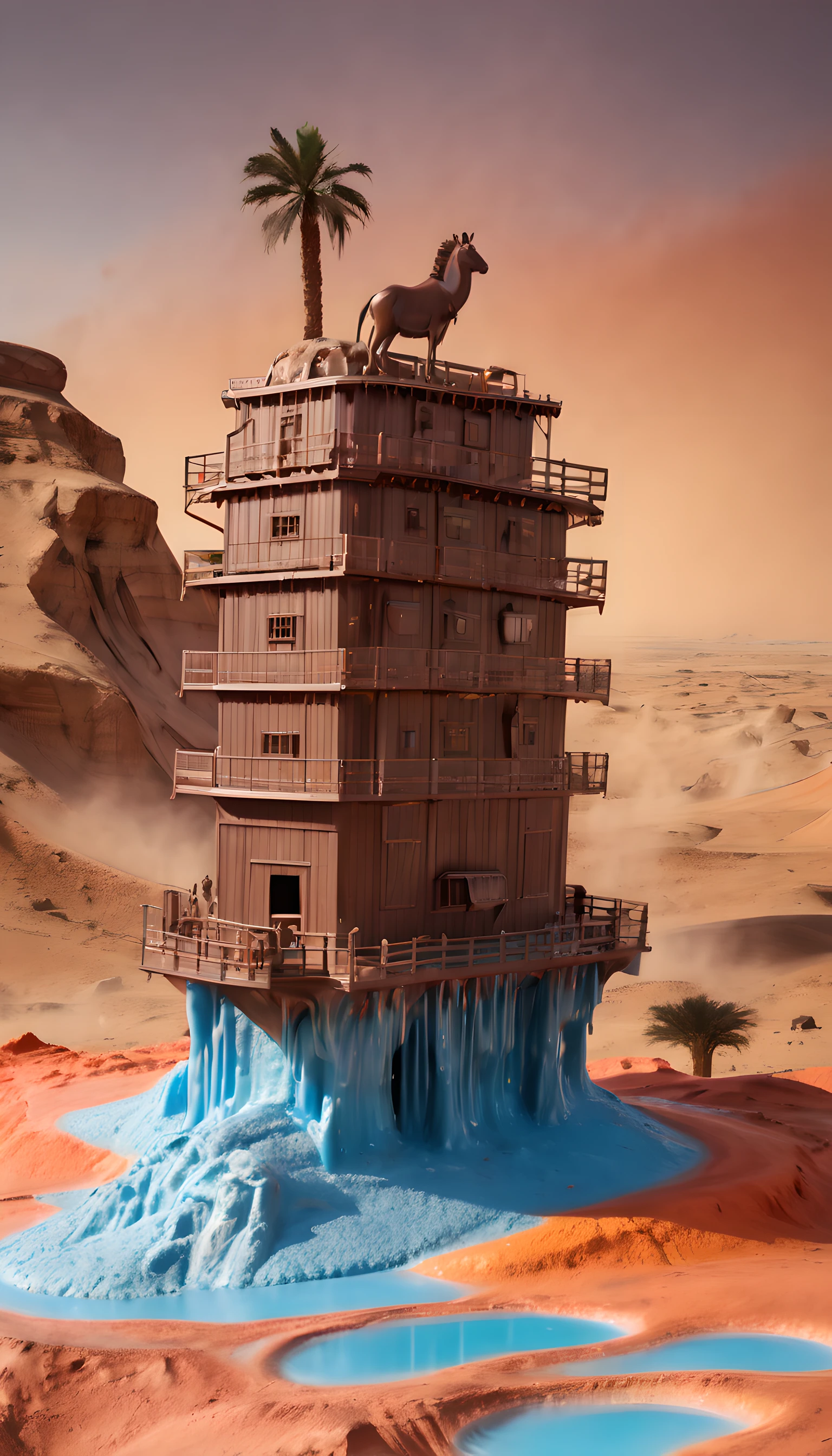 (8k masterpiece, RAW photo, best quality:1.2), ((noah's ark:1.5)) constructed of chocolate, sitting on top of huge (liquid sherbert geyser:1.5), in the middle of the sahara desert, arid barren desert, (melting animals) dripping down, absurdres, greg rutkowski style, chocolate ark,