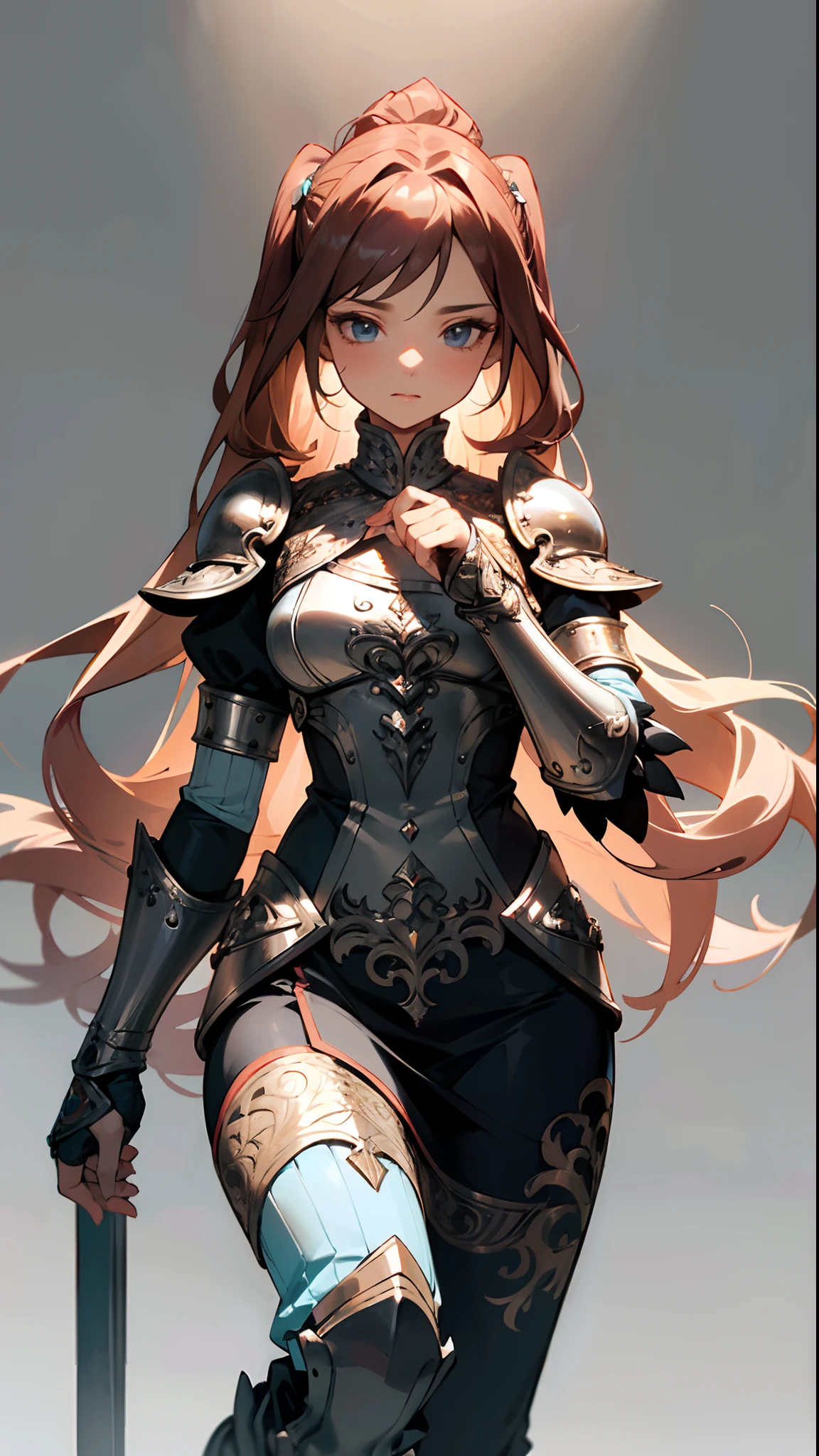 (masterpiece, best quality:1.3),beautiful detailed glow,best illuminate,(((best quality,textile shading,ultra detailed))),extremely detailed CG unity 8k wallpaper,Highly Detailed beautiful and aesthetic,best light,high resolution,detailed,dynamic lighting , 1Character , pastel washed out colors , cell shade , soft, muted shades ,gentle colors,
She wears a beautifully crafted breastplate made of polished steel, intricately engraved with delicate, ornate patterns and silver filigree, The chestplate is designed to enhance her feminine silhouette, shoulder guards, intricate engravings and elegant, feathery motifs, gauntlets are sturdy and adorned with the same intricate engravings, They extend to her elbows and have articulated fingers, steel greaves, meticulously detailed with similar ornate patterns, They extend to her knees, flowing, layered skirt made of chainmail, knee-high leather boots ,
A stunning woman , extremely long hair , reddish brown hair , hair in pig tails , straight hair , baby blue eyes , large chest , ((wearing a tight dress)), age 34 ,