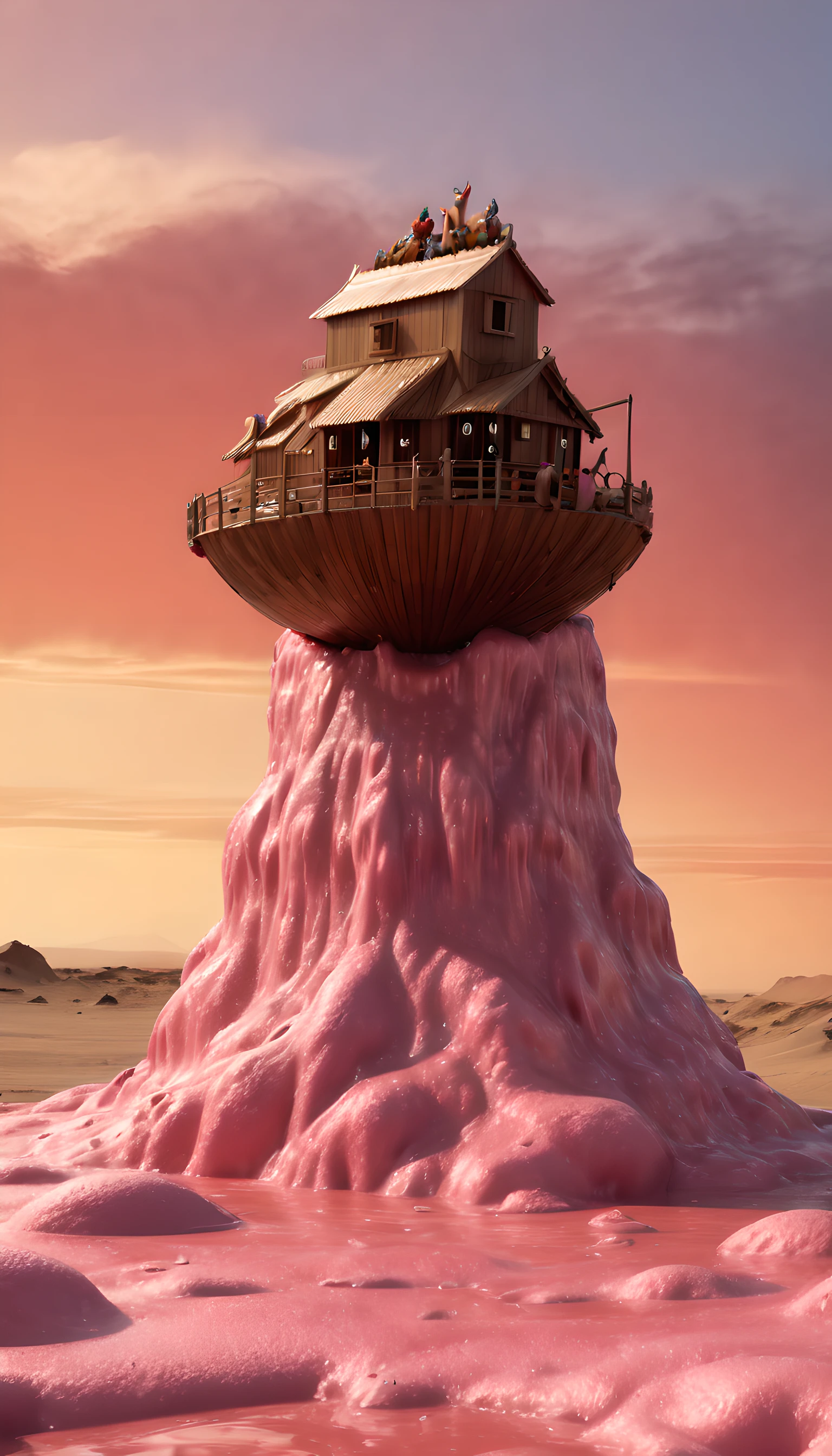 (8k masterpiece, RAW photo, best quality:1.2), ((noah's ark:1.5)) constructed of chocolate, sitting on top of huge (liquid sherbert geyser:1.5), in the middle of the sahara desert, arid barren desert, (melting animals) dripping down, absurdres, greg rutkowski style, chocolate ark,