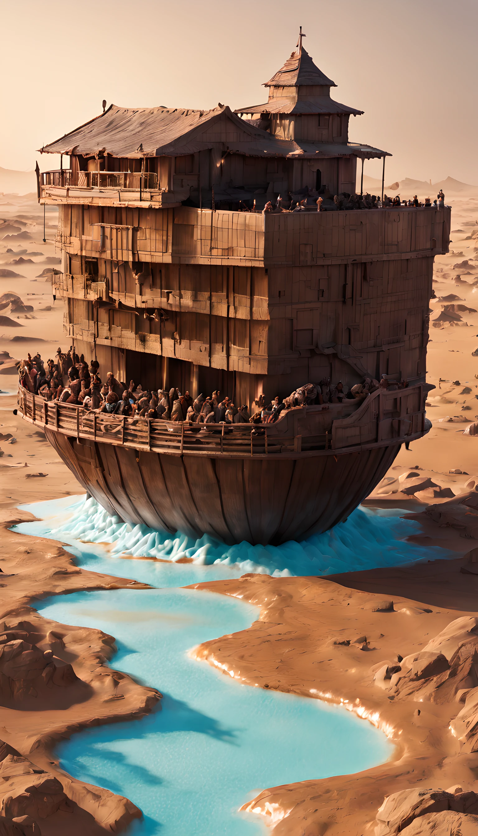 (8k masterpiece, RAW photo, best quality:1.2), ((noah's ark:1.5)) constructed of chocolate, sitting on top of a huge (sherbert geyser:1.3), in the middle of the sahara desert, arid barren desert, melting animals dripping down, absurdres, greg rutkowski style, chocolate ark,