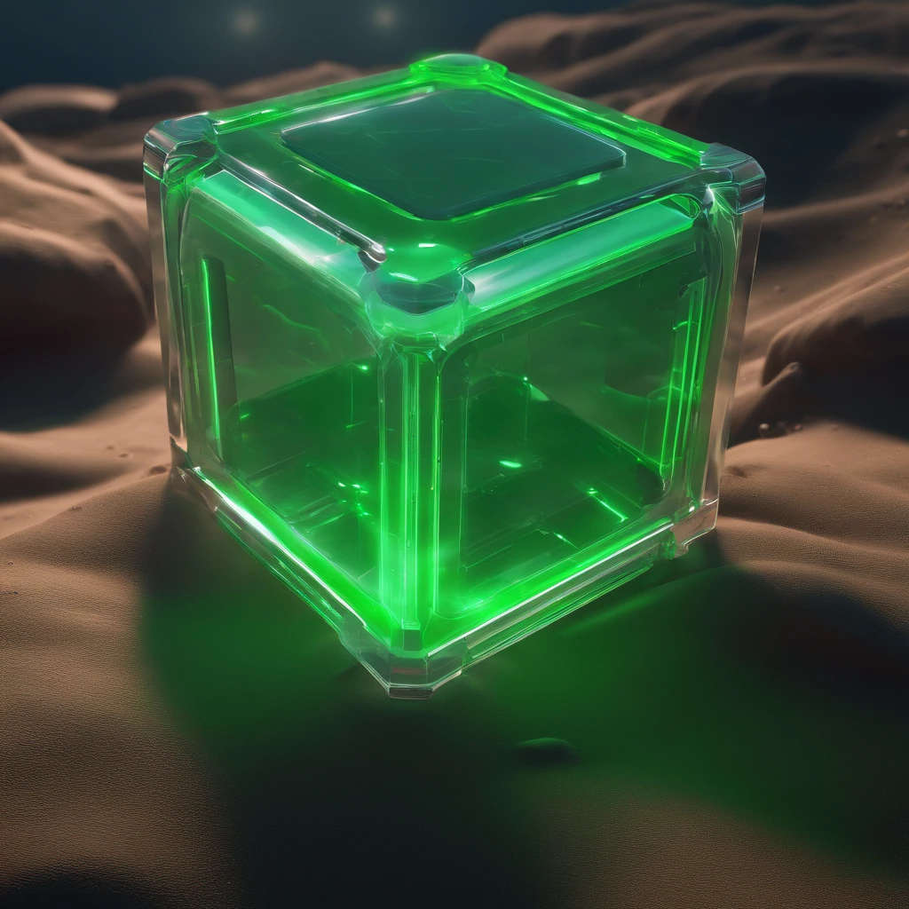 concept art of a green clear glowing cube on the ground, beautiful realistic atmosphere, environment, detailed, realistic, concept art, unreal engine 5, structure, sci-fi, ray tracing, CGI, perfect visuals, lighting, smooth, movie, screen-space reflections, ambient occlusion, scenes, aesthetics, bloom, shadows, perfectly drawn, textures, cinematic, sharp edges, hdr effect, blender 3d, asset library, art station, realism, retro-futurism, 90s, 80s, vintage effect, vaporwave, chillwave, close up, ground material is white, synthwave, retro wave,