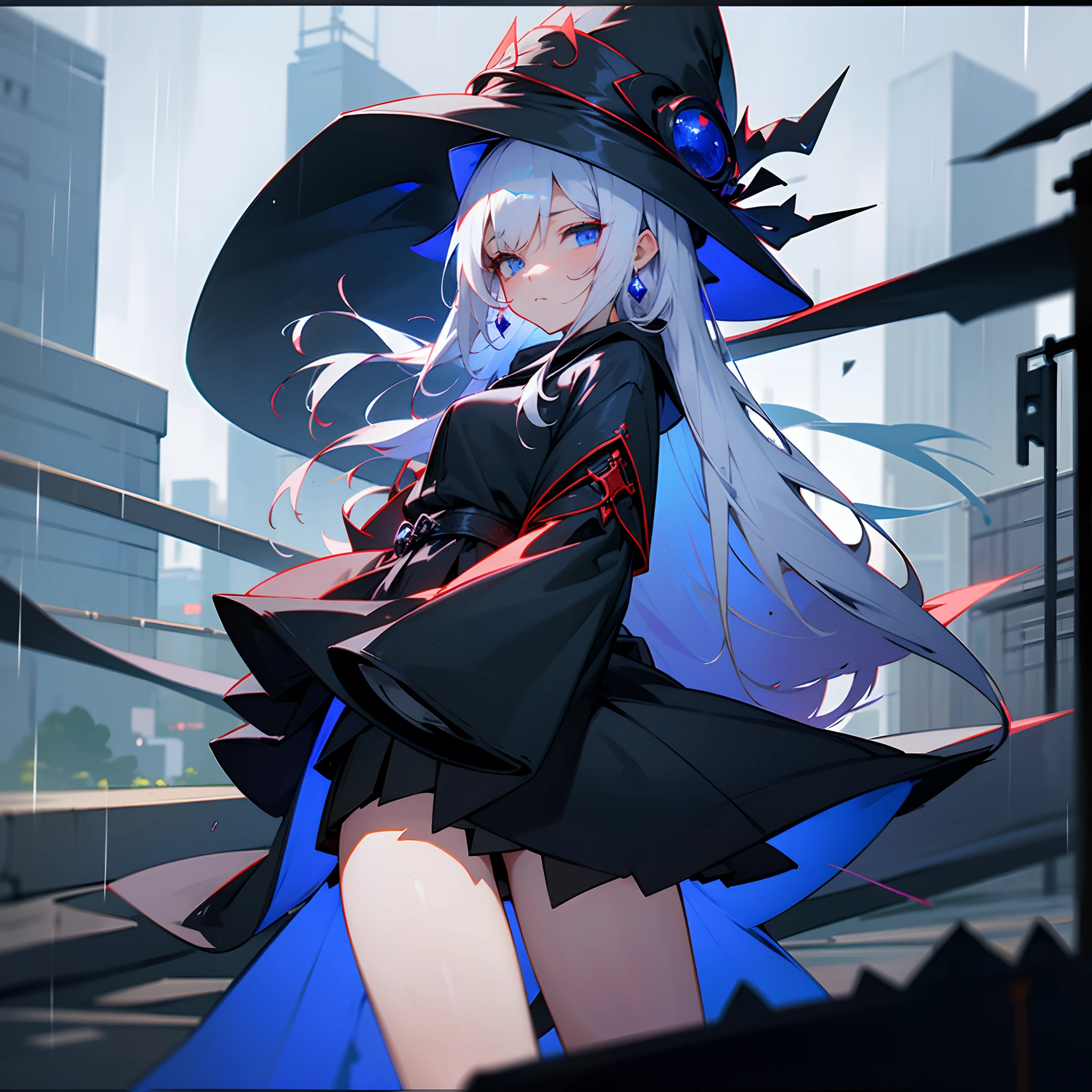 rainy evening、Urban area lined with buildings、Midnight Tokyo、Standing Girl、Wizard black hooded robe、white t-shirts、a black skirt、White hair with red mesh、Blue eyes with highlights、Staring at me expressionlessly、Large wizard hat with sapphire accessories