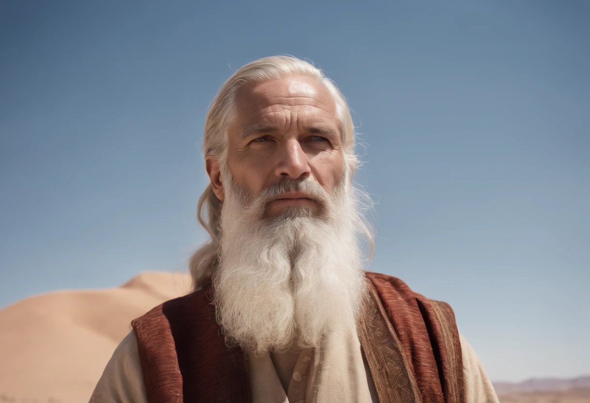 Bible Moses With Longer Beard And Arid Desert Background With Very Blue Sky