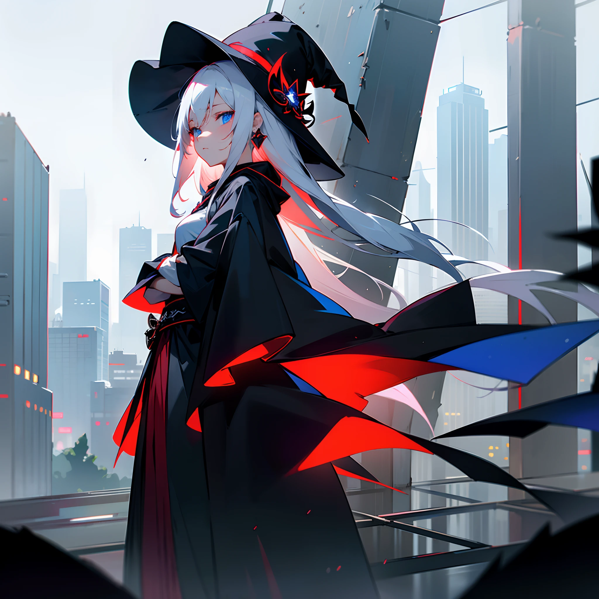 rainy evening、Urban area lined with buildings、Midnight Tokyo、Standing Girl、Wizard black hooded robe、white t-shirts、a black skirt、White hair with red mesh、Blue eyes with highlights、Staring at me expressionlessly、Large wizard hat with sapphire accessories