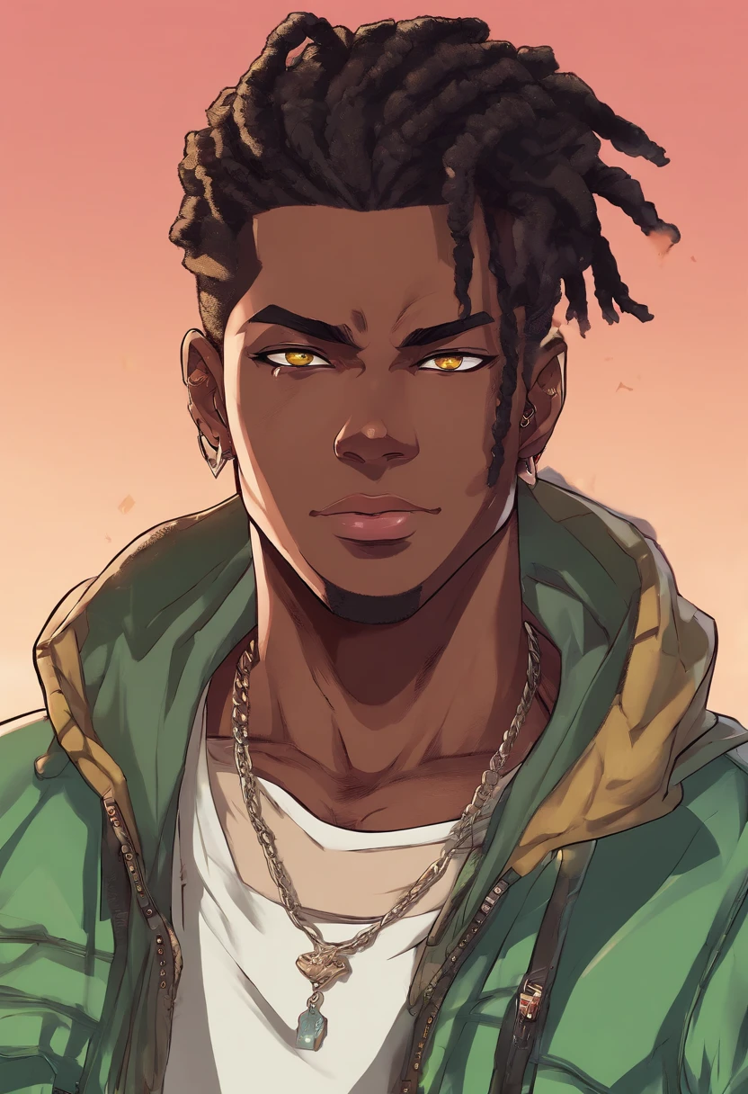 (Top Quality, 16k, Masterpiece: 1.3)), black young man, portrait of a dark skin adult male(African-American:1.2 , 2 0 years old) with dark black dreadlocks and a white shirt, urban boy fanart, solo portrait 🎨🖌️, unknown artstyle, detailed character portrait, black anime manga girl, urban town background , aqua green eyes, detailed anime soft face, anime boy, male anime style, halfbody portrait, Highly Detailed Face and Skin Texture, Detailed Eyes