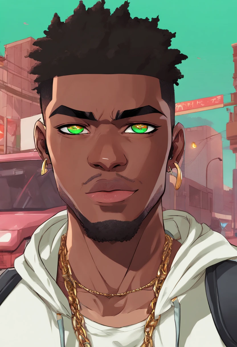 (Top Quality, 16k, Masterpiece: 1.3)), black young man, portrait of a dark skin adult male(African-American:1.2 , 2 0 years old) with dark black dreadlocks and a white shirt, urban boy fanart, solo portrait 🎨🖌️, unknown artstyle, detailed character portrait, black anime manga girl, urban town background , aqua green eyes, detailed anime soft face, anime boy, male anime style, halfbody portrait, Highly Detailed Face and Skin Texture, Detailed Eyes