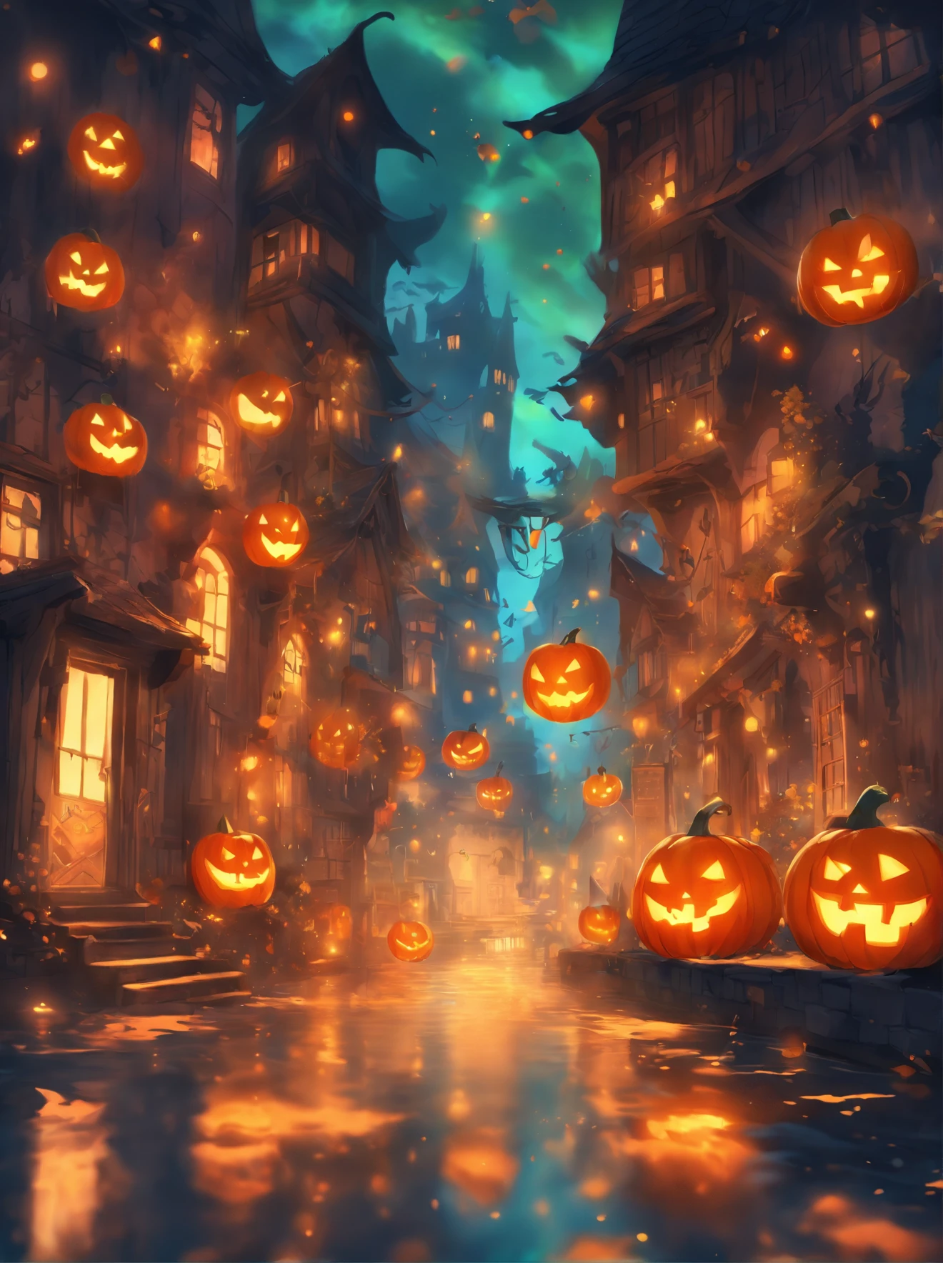 Halloween Floating Lights, Cinematographic light and reflection, glowing lights, Intermediate elements of the metaverse,digital painting, reflets brillants, Reflect, Halloween Jack-o'-lantern, Nuit calme, digital illustration, Belle ambiance, Skylights at night, Quiet atmosphere in the evening, Jack-o'-lantern, Halloween, La nuit, Thémon, The game scene, Halloween, Surrounded by clouds, Buildings in medieval Europe, Enamelled tiles, UE, Des couleurs magnifiqUEs, Il y a trois arches au premier plan((encre de couleur)), ( (Splash the ink ) ), ((Splash the ink) Inky})), tmasterpiece, High career, De beaux graphismes, high details,magnifiqUE