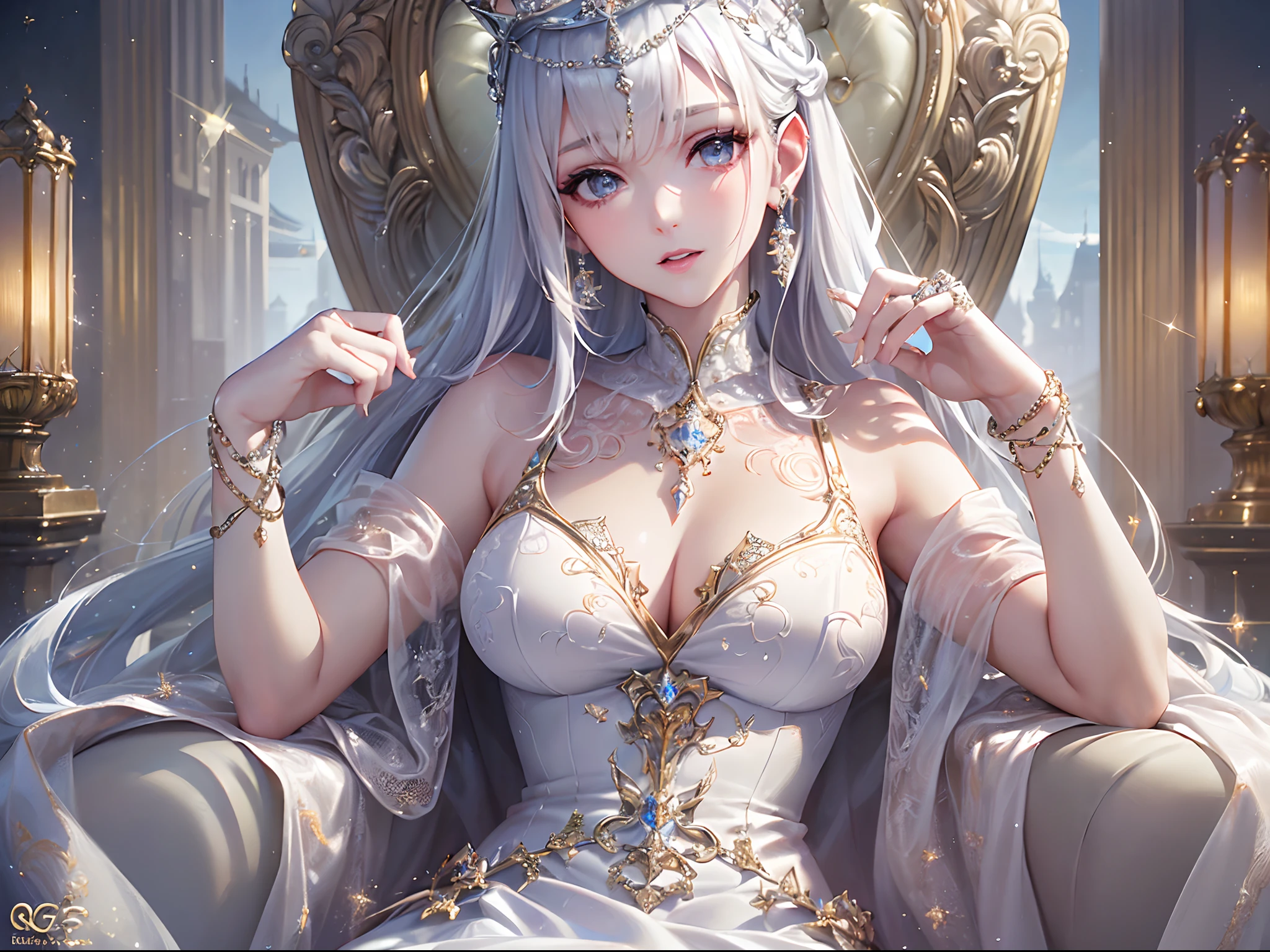 ((Finest quality)),(超A high resolution),(ultra-detailliert),(Meticulous portrayal),((Best CG)),(Finest works of art),Ultra-Precision Art,The art of astounding depiction, ((gorgeous:1.5)),(A queen:1.5),(Beautiful pure white dress with detailed and detailed:1.5),(Sparkling crown:1.4),Wang Wat,a throne, Sparkle like crystal