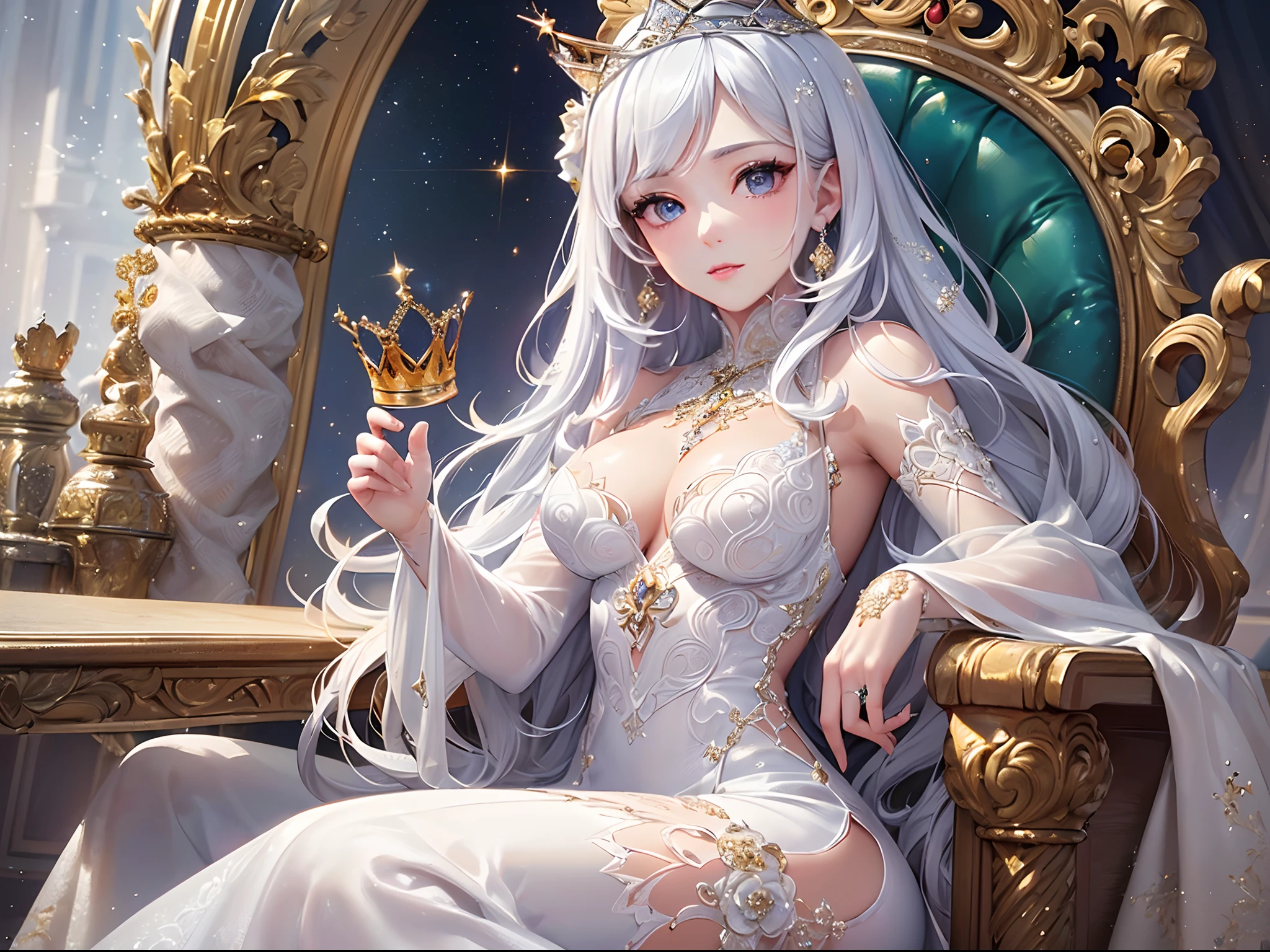 ((Finest quality)),(超A high resolution),(ultra-detailliert),(Meticulous portrayal),((Best CG)),(Finest works of art),Ultra-Precision Art,The art of astounding depiction, ((gorgeous:1.5)),(A queen:1.5),(Beautiful pure white dress with detailed and detailed:1.5),(Sparkling crown:1.4),Wang Wat,a throne, Sparkle like crystal